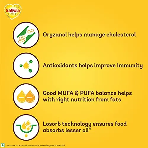 Saffola Gold Refined Oil|Blend of Rice Bran Oil & Sunflower Oil|Cooking Oil|Pro Healthy Lifestyle Edible Oil 1 Litre Pouch