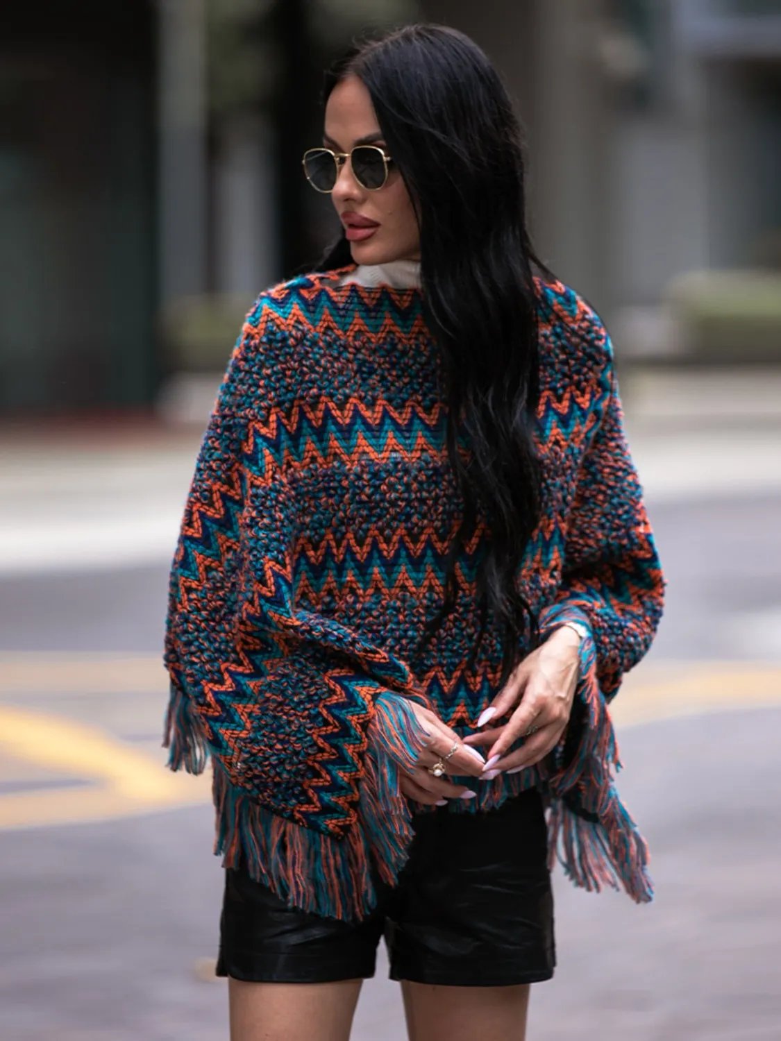 Shiny Fringe Hem Boat Neck Poncho