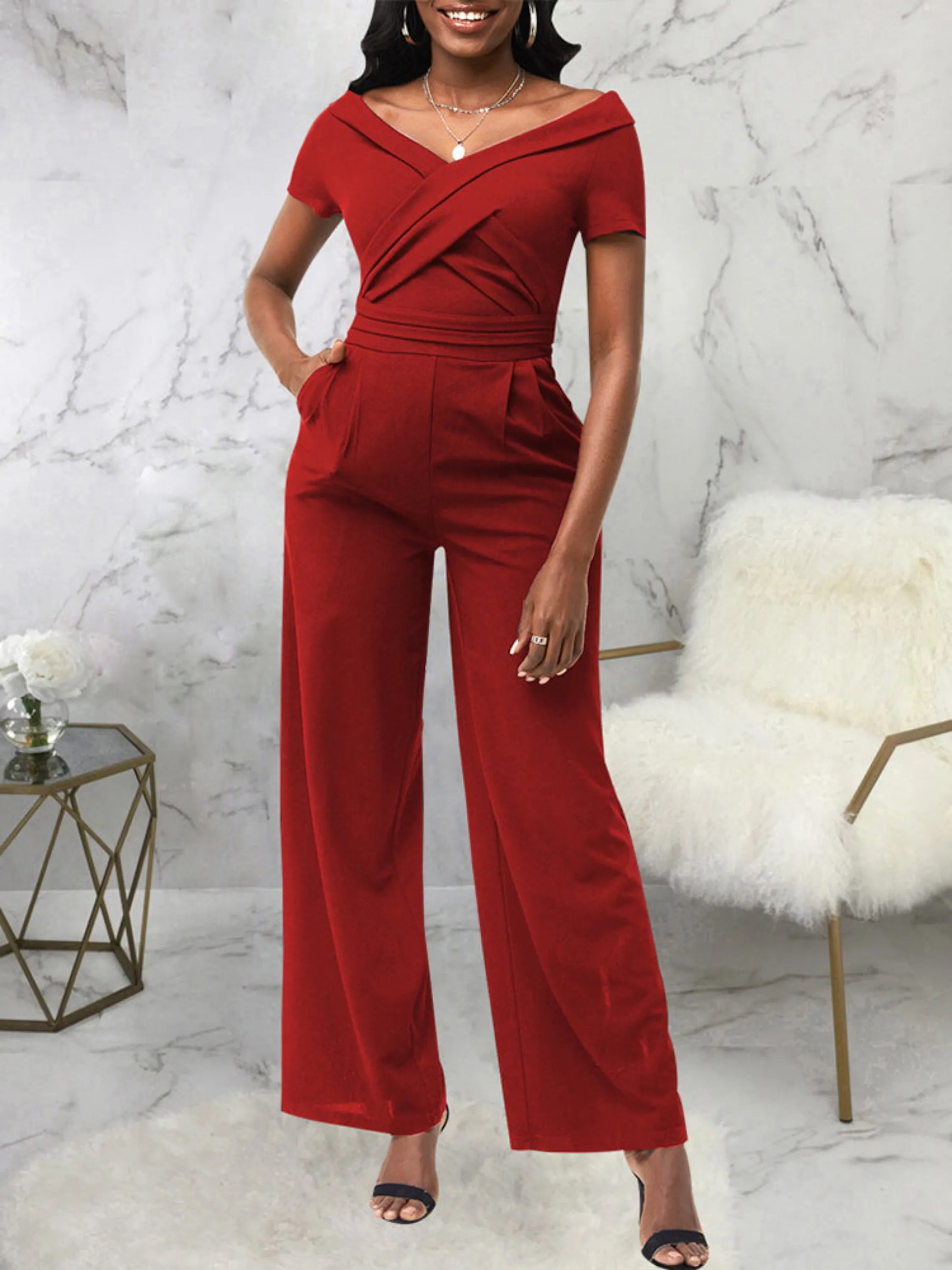 Short Sleeve V-Neck Women Jumpsuit