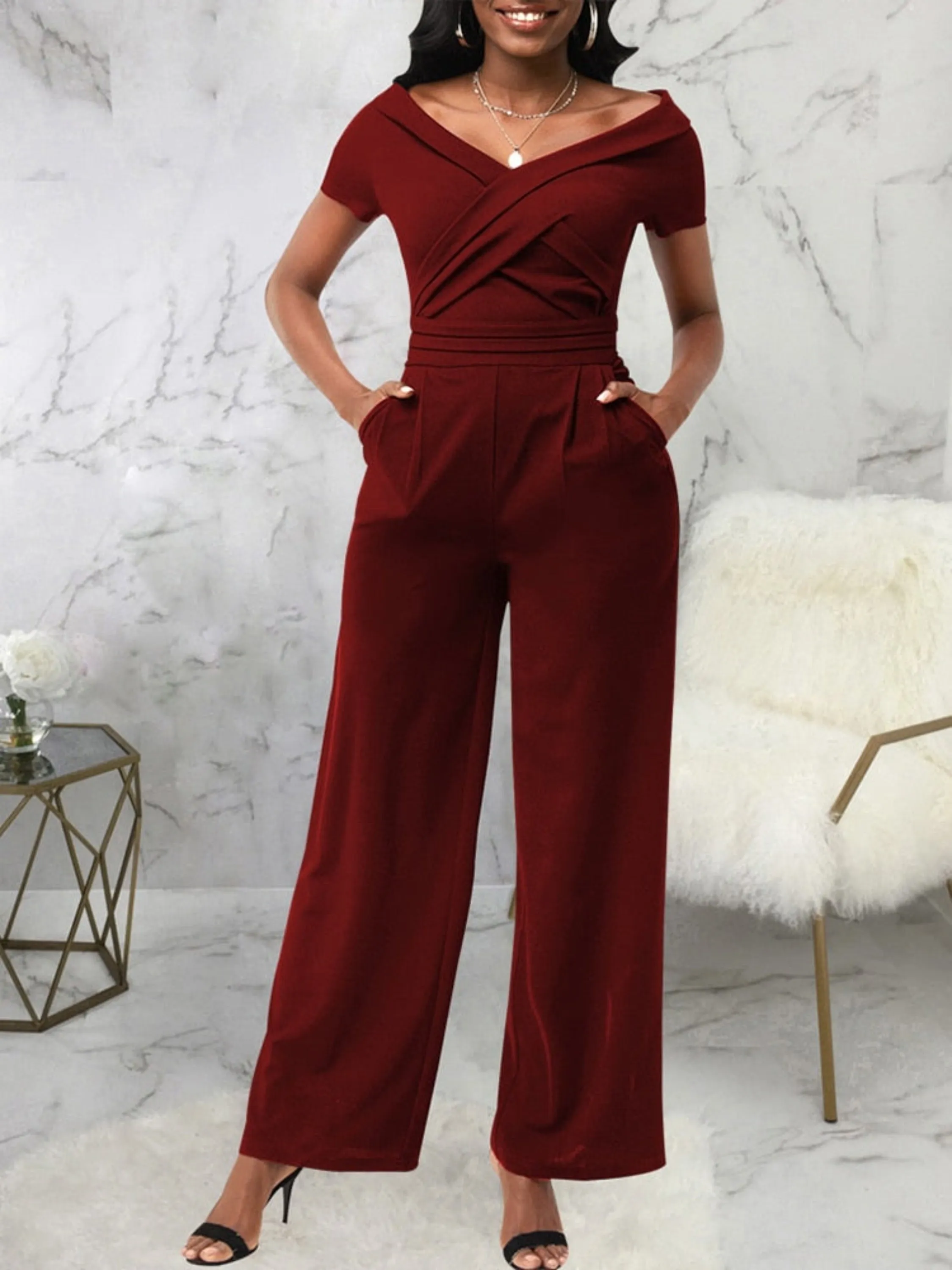 Short Sleeve V-Neck Women Jumpsuit