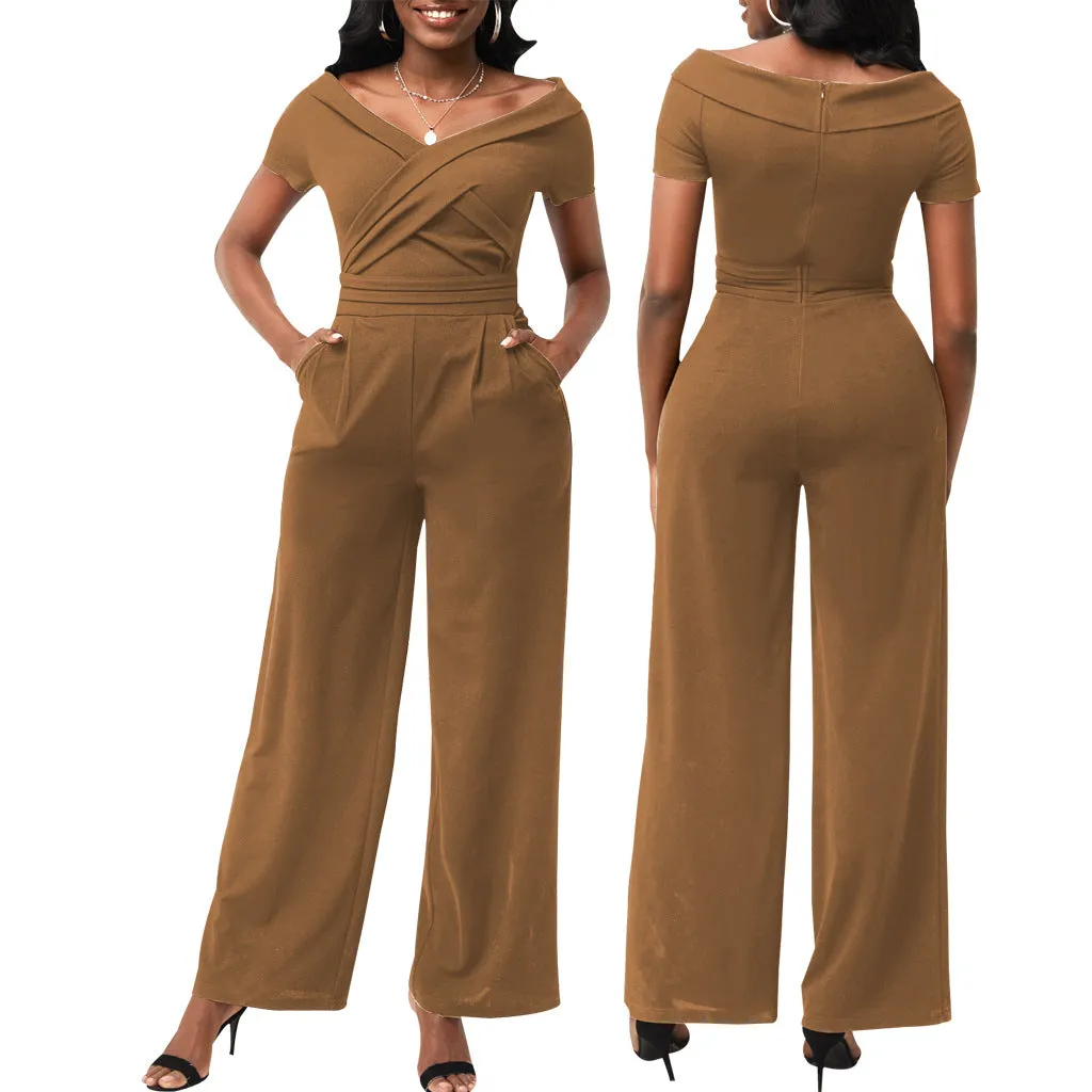 Short Sleeve V-Neck Women Jumpsuit