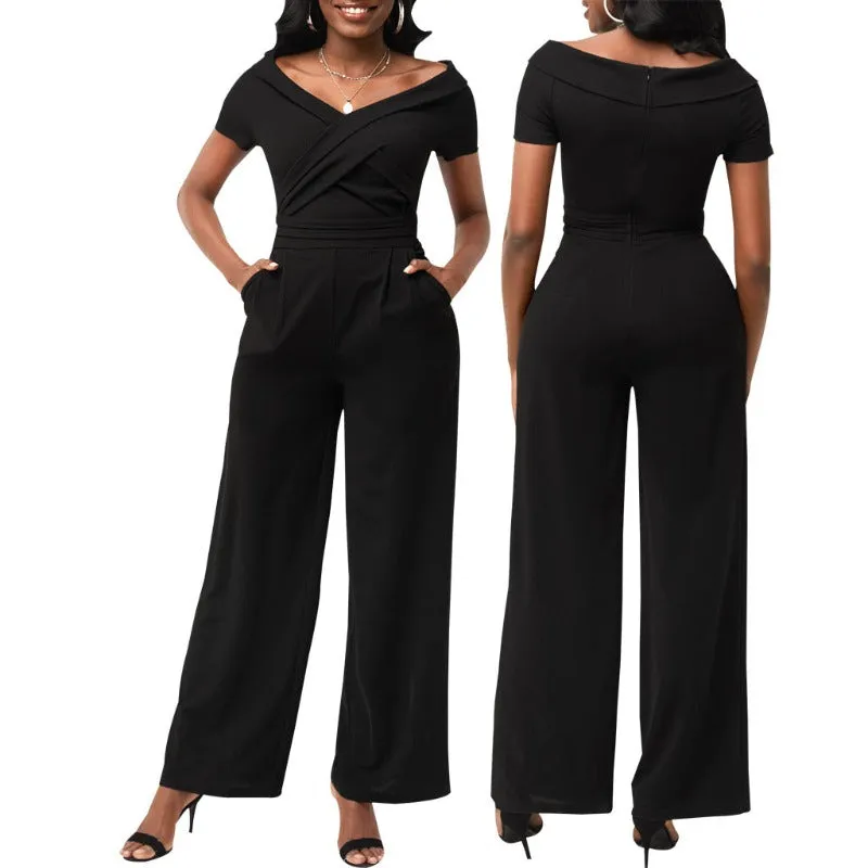 Short Sleeve V-Neck Women Jumpsuit