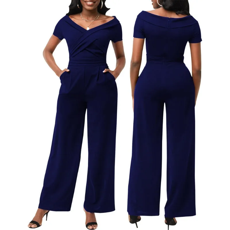 Short Sleeve V-Neck Women Jumpsuit