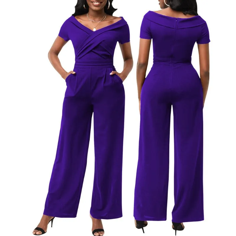 Short Sleeve V-Neck Women Jumpsuit