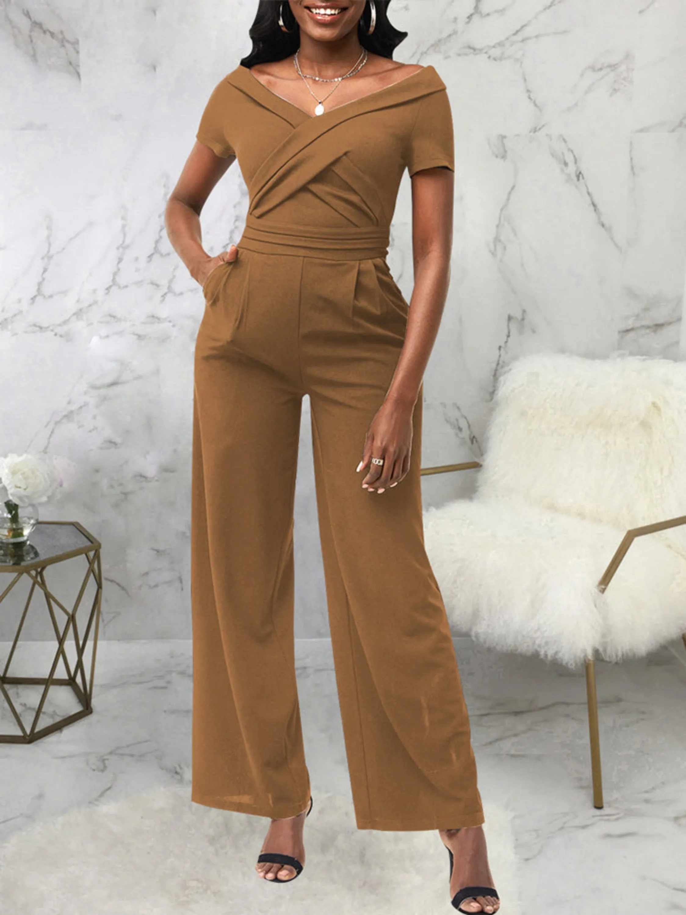 Short Sleeve V-Neck Women Jumpsuit