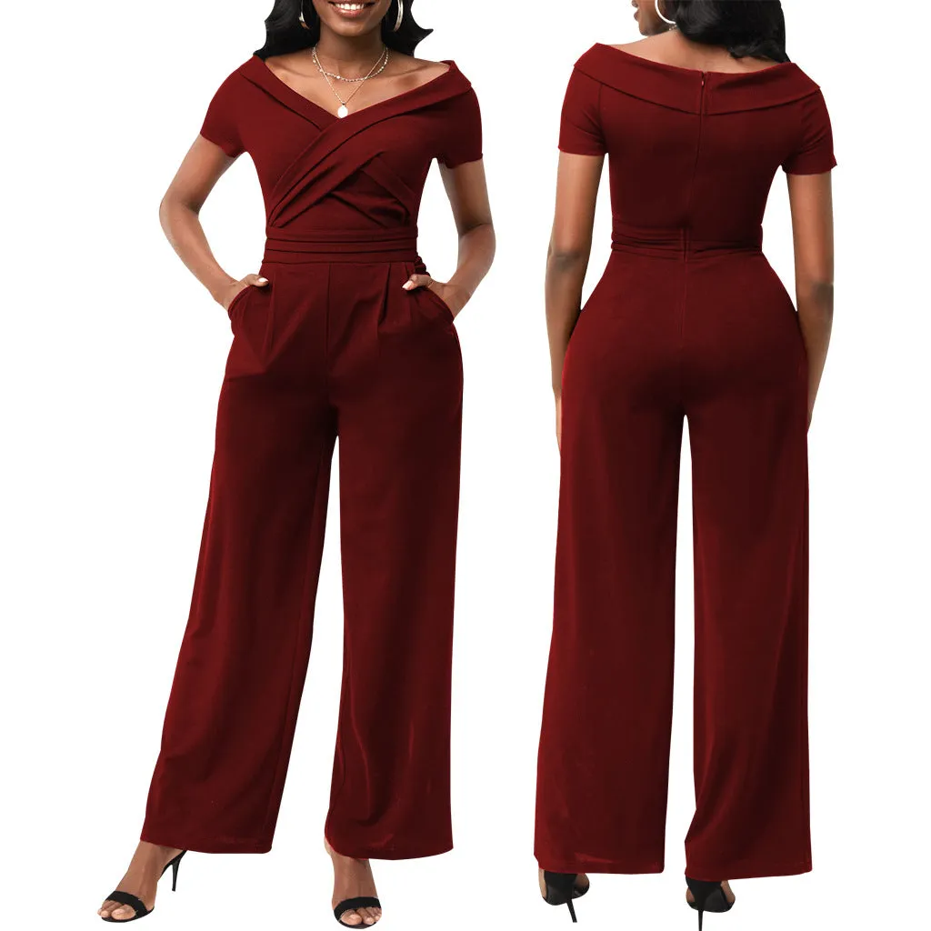 Short Sleeve V-Neck Women Jumpsuit