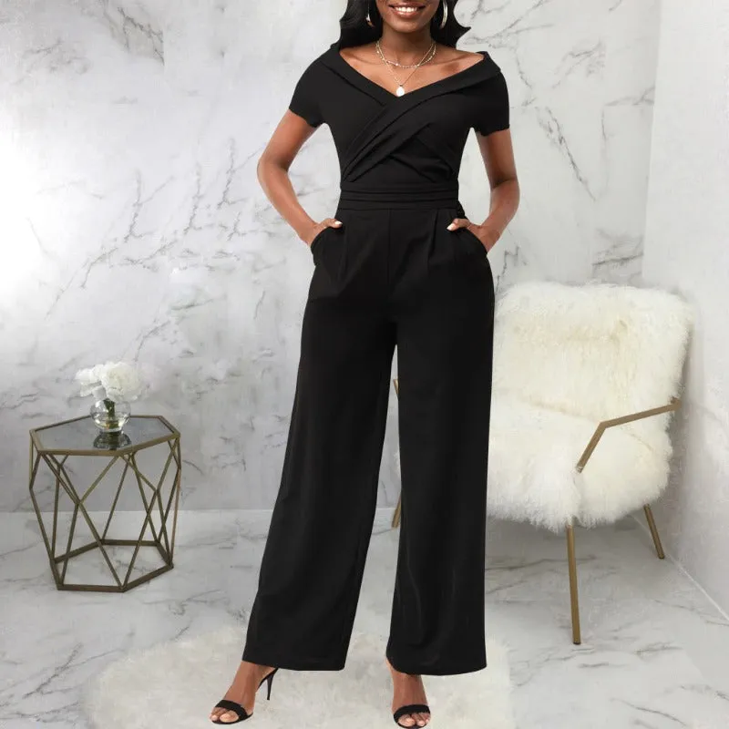 Short Sleeve V-Neck Women Jumpsuit