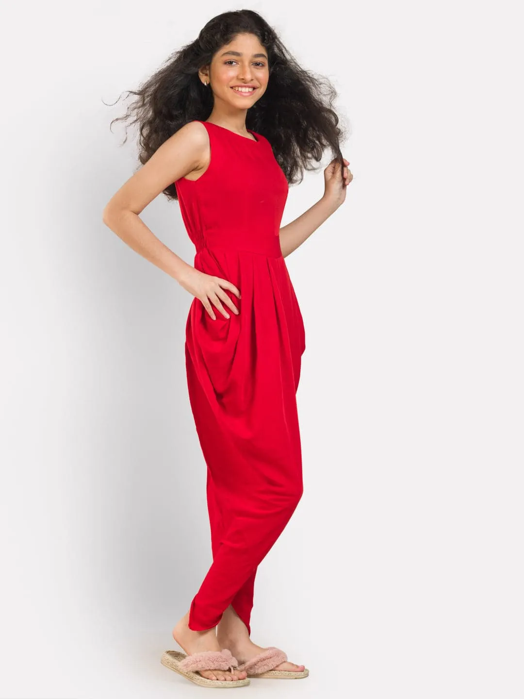 Solid Elasticated Dhoti Jumpsuit for Girls