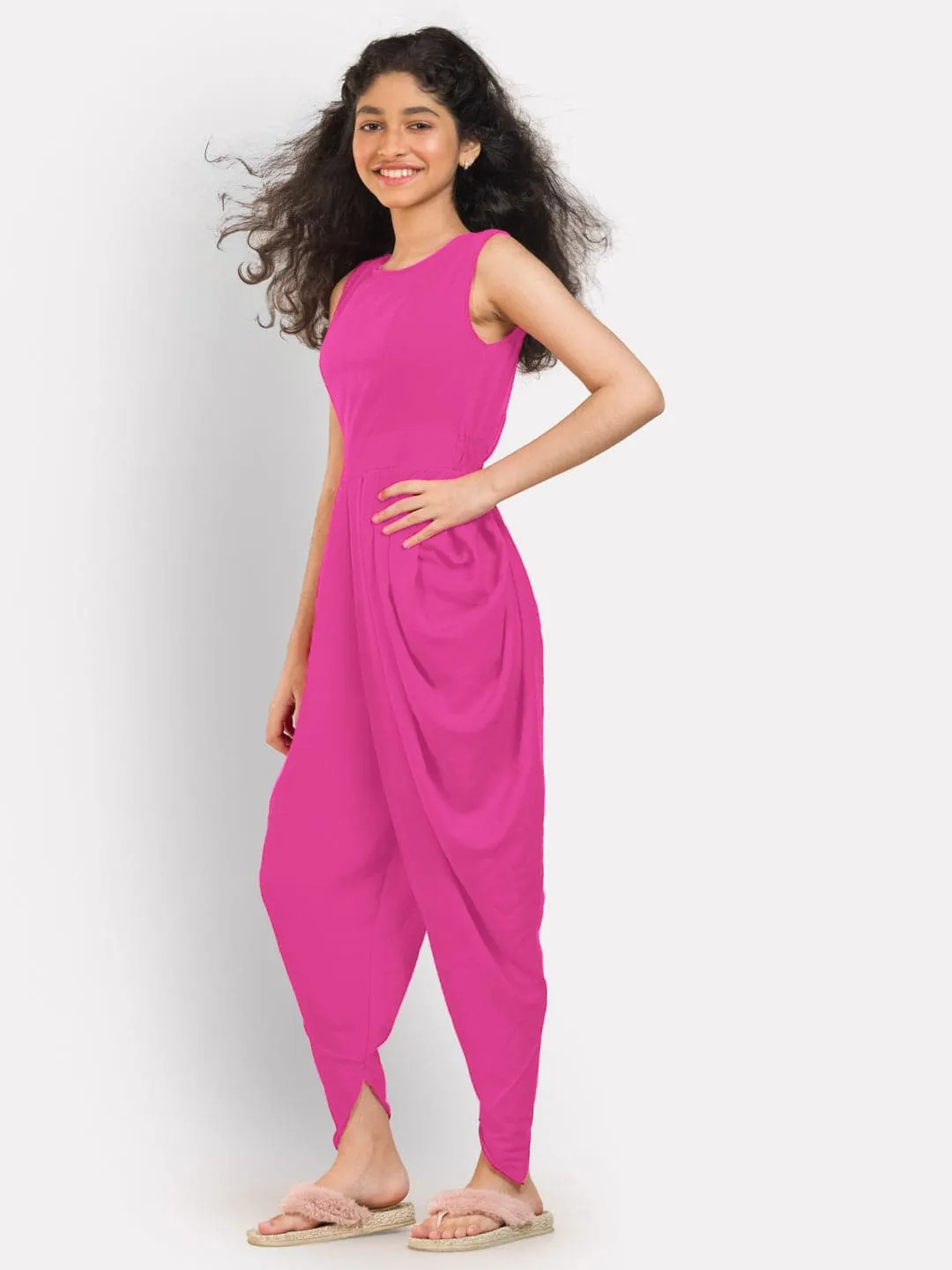 Solid Elasticated Dhoti Jumpsuit for Girls