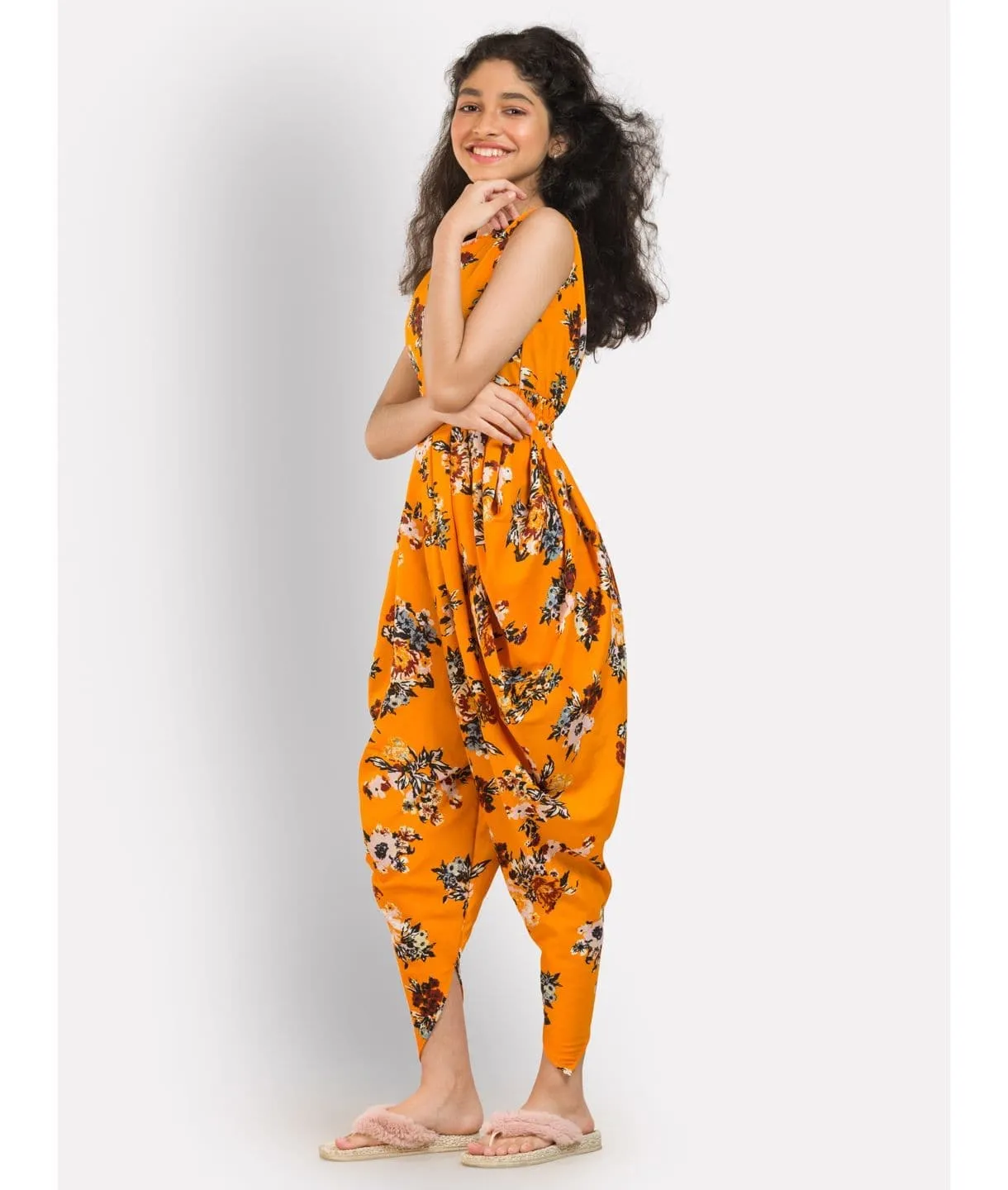 Solid Elasticated Dhoti Jumpsuit for Girls