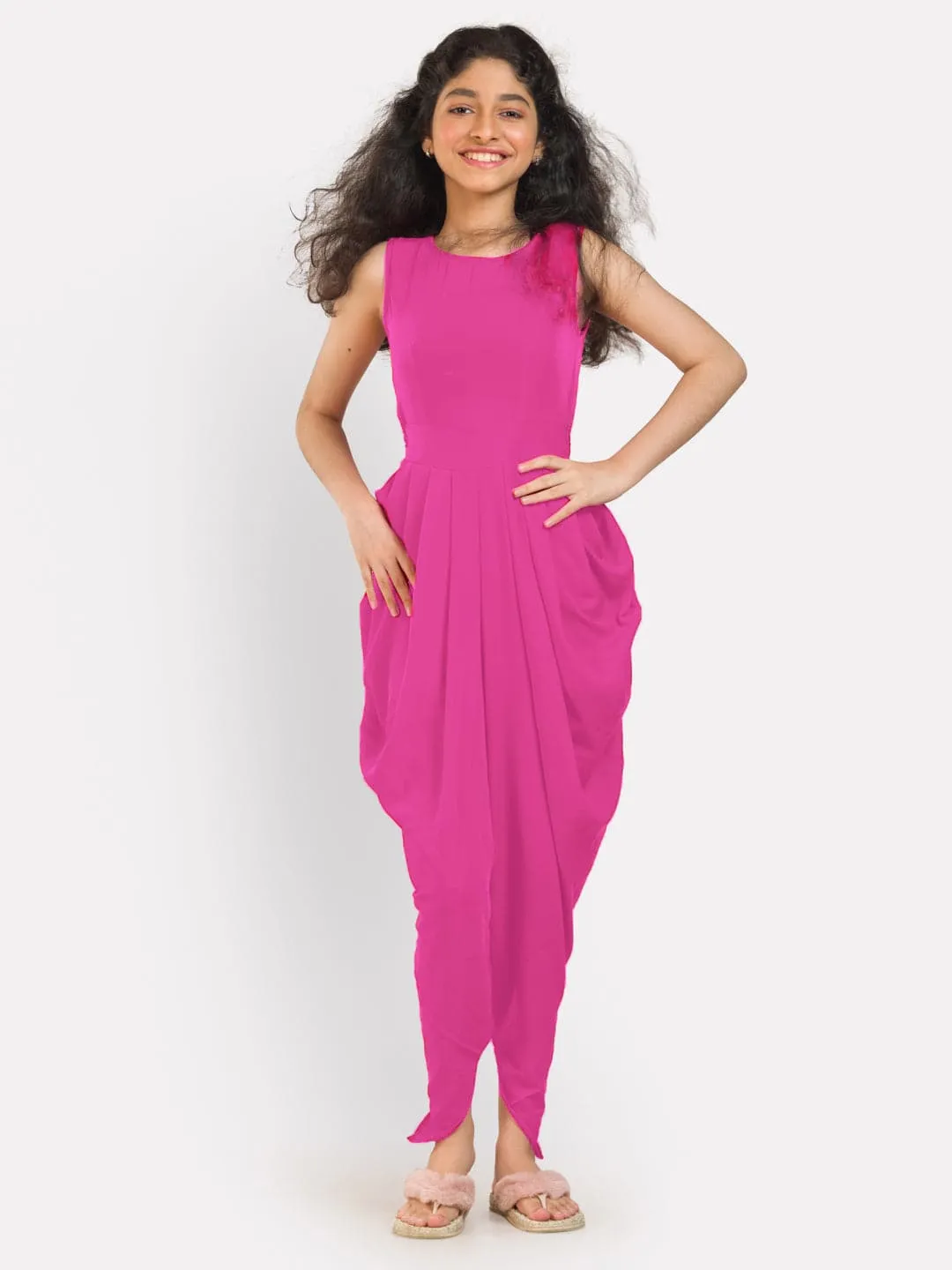 Solid Elasticated Dhoti Jumpsuit for Girls