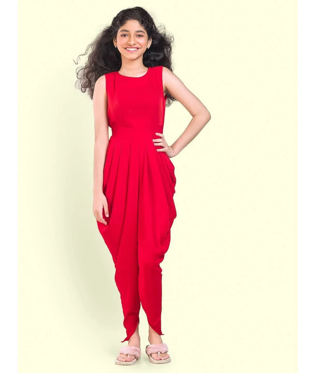 Solid Elasticated Dhoti Jumpsuit for Girls