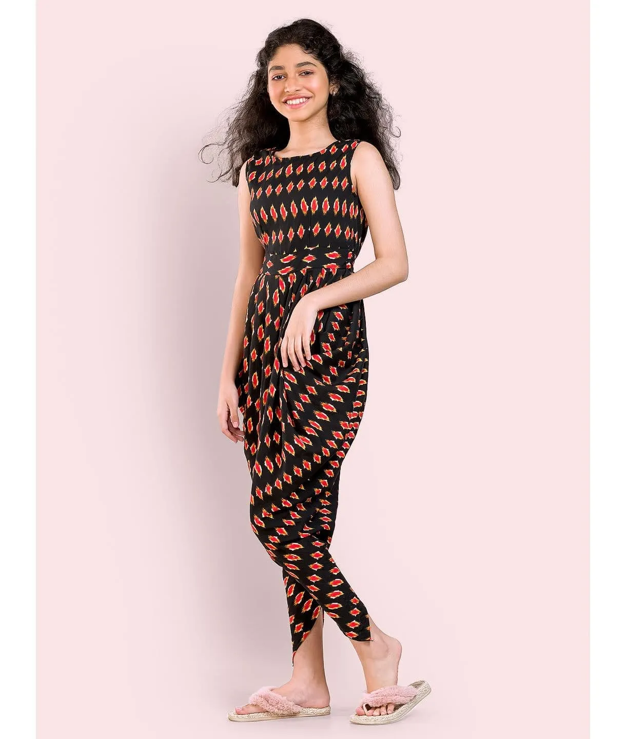 Solid Elasticated Dhoti Jumpsuit for Girls