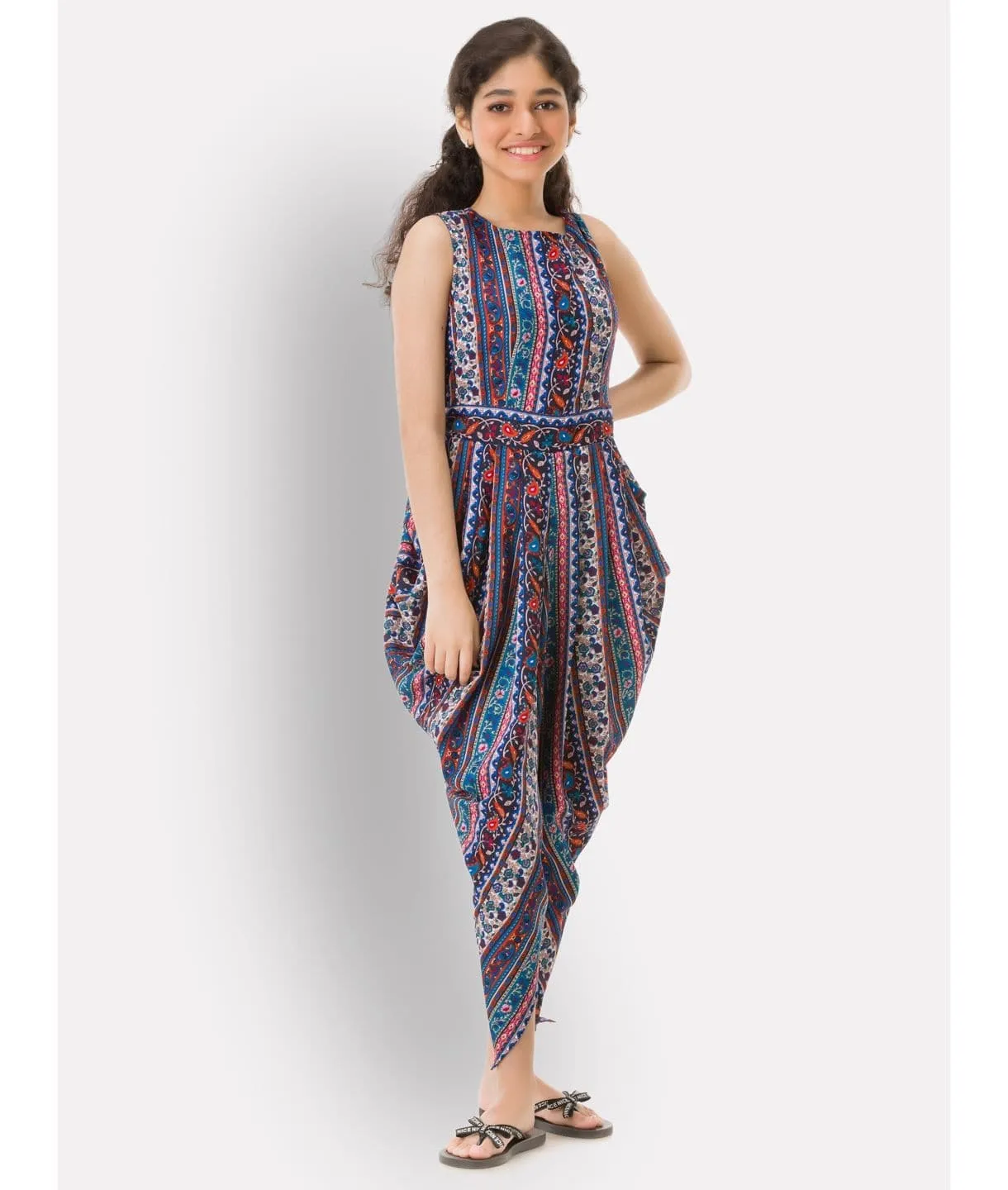 Solid Elasticated Dhoti Jumpsuit for Girls