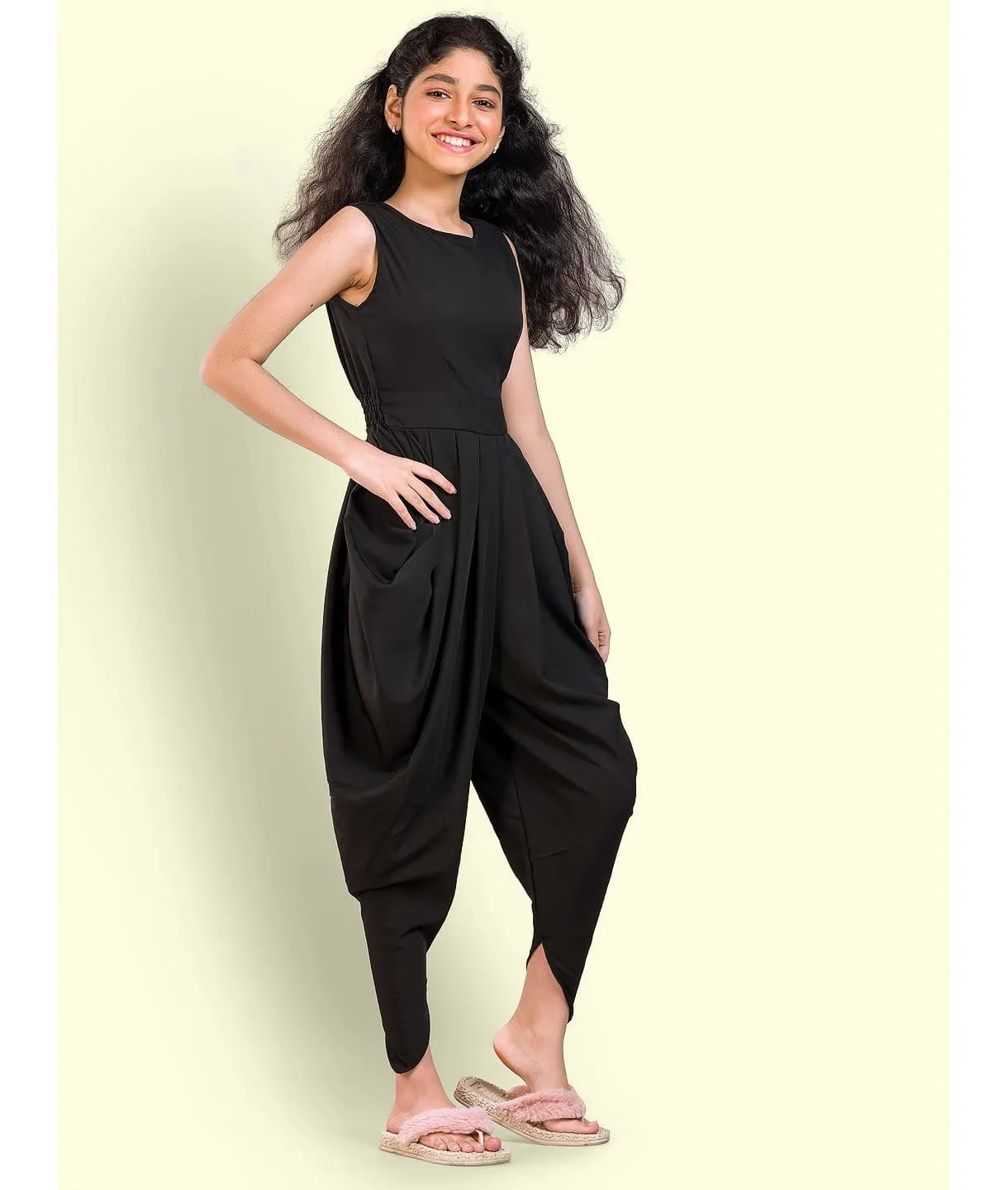 Solid Elasticated Dhoti Jumpsuit for Girls