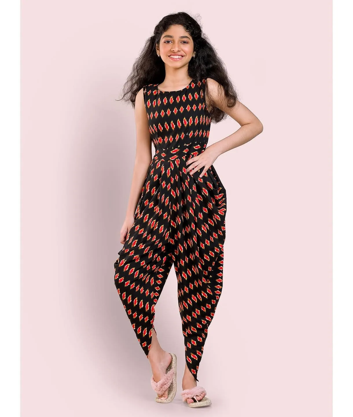 Solid Elasticated Dhoti Jumpsuit for Girls