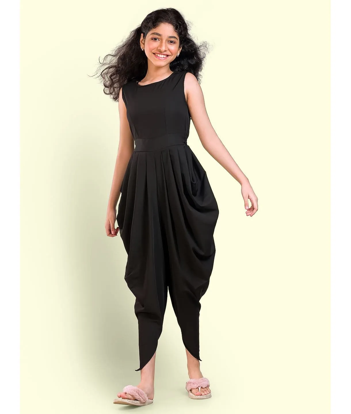 Solid Elasticated Dhoti Jumpsuit for Girls