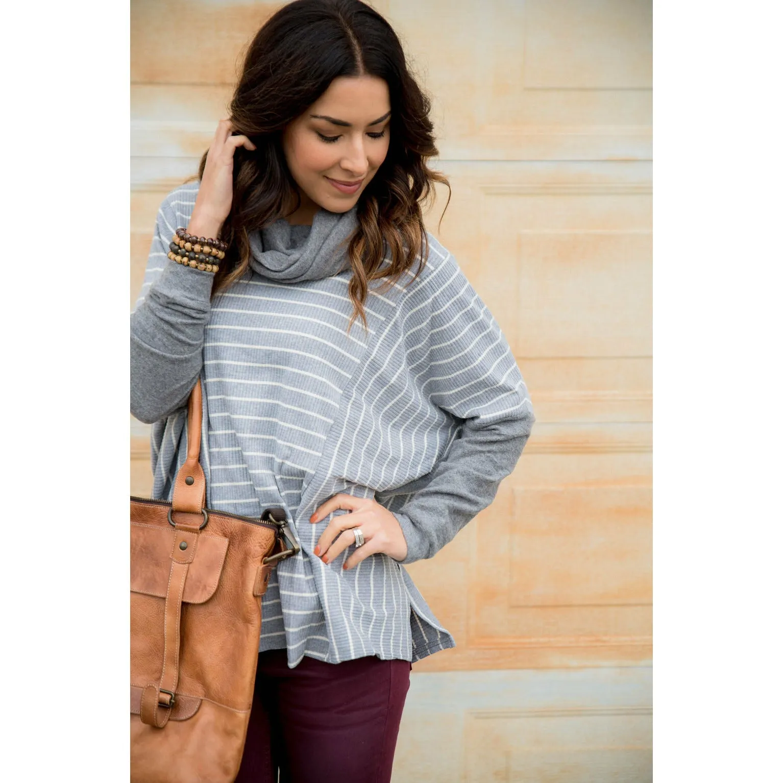 Solid Trim Cowl Neck Poncho