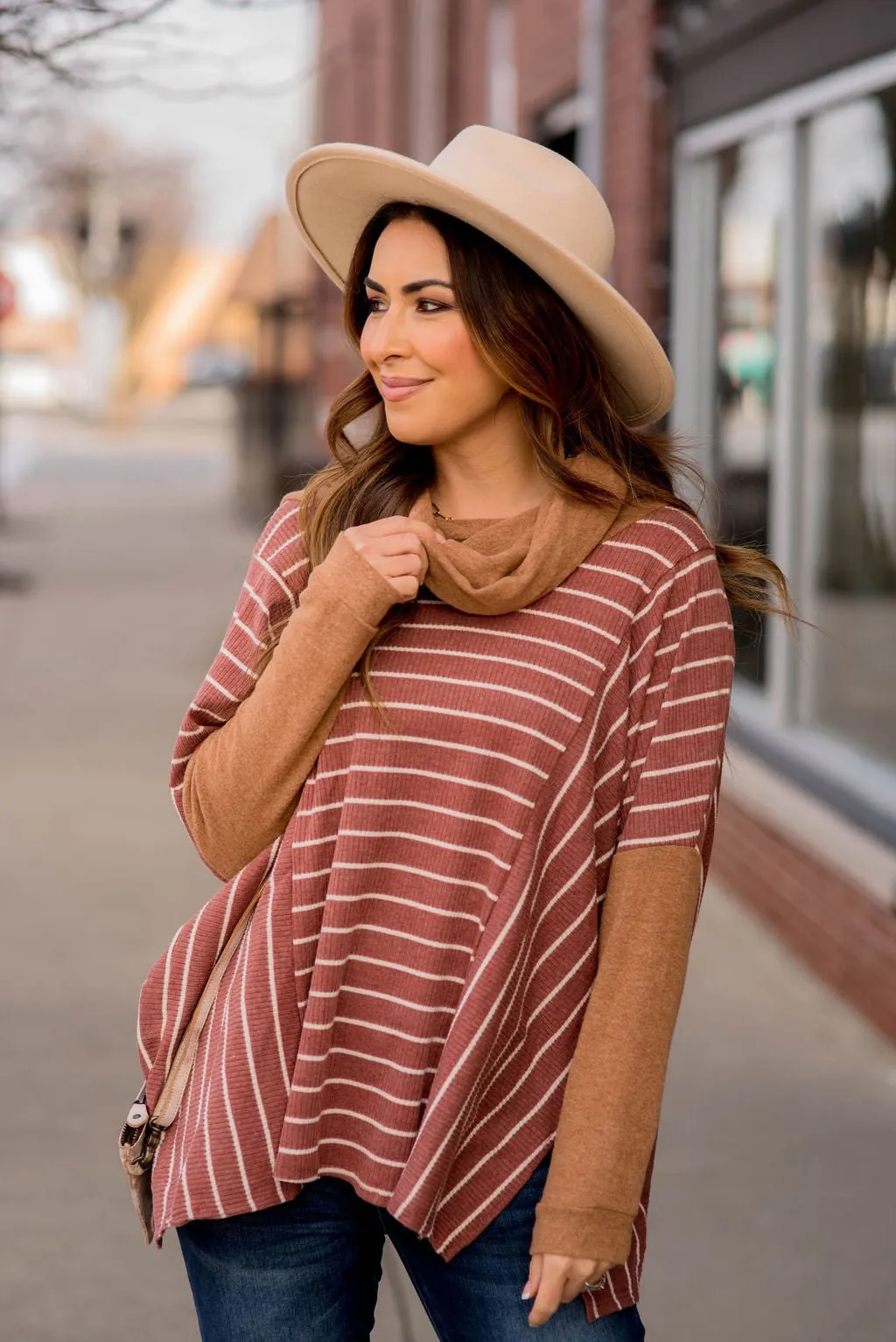 Solid Trim Cowl Neck Poncho