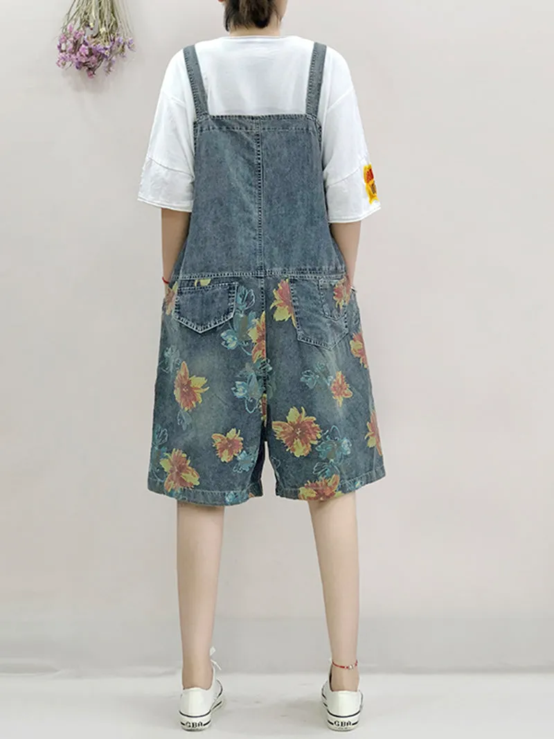 Special Place for You Floral Print Denim Romper Overall Dungarees