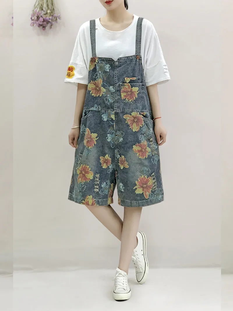 Special Place for You Floral Print Denim Romper Overall Dungarees