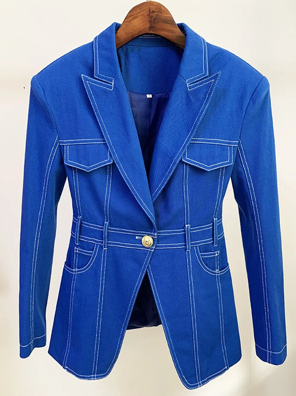 Stitching Contrast Double Breasted Denim Blazer