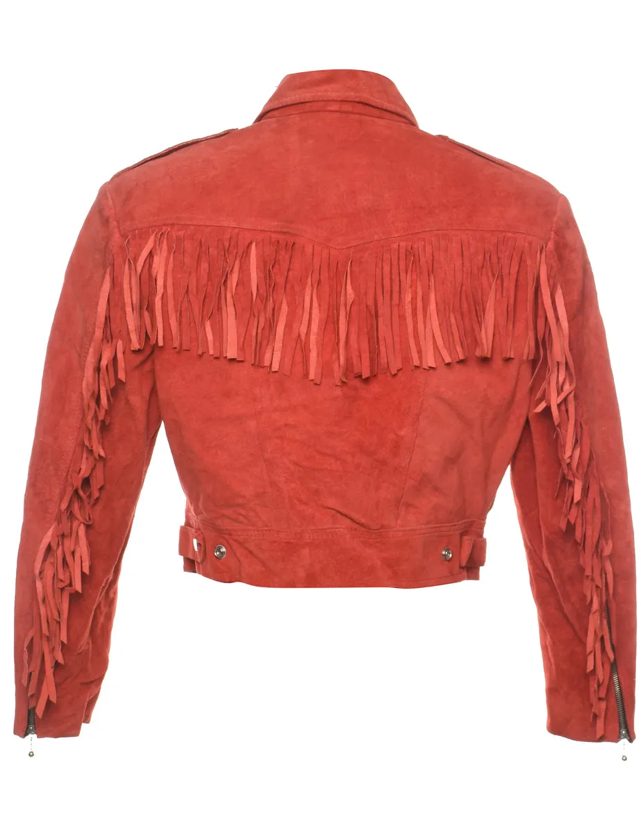 Suede Cropped Red Vintage Fringed Jacket - S