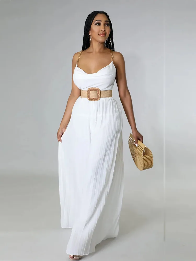 Summer Solid Pleated Wide Leg Jumpsuit