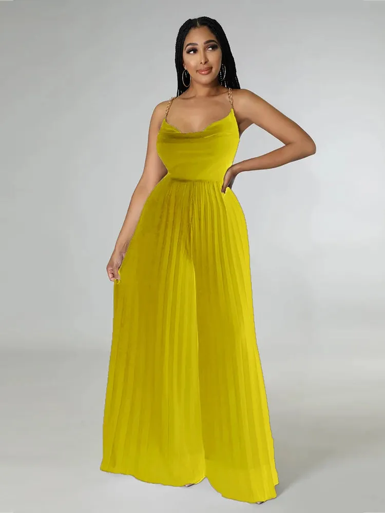 Summer Solid Pleated Wide Leg Jumpsuit