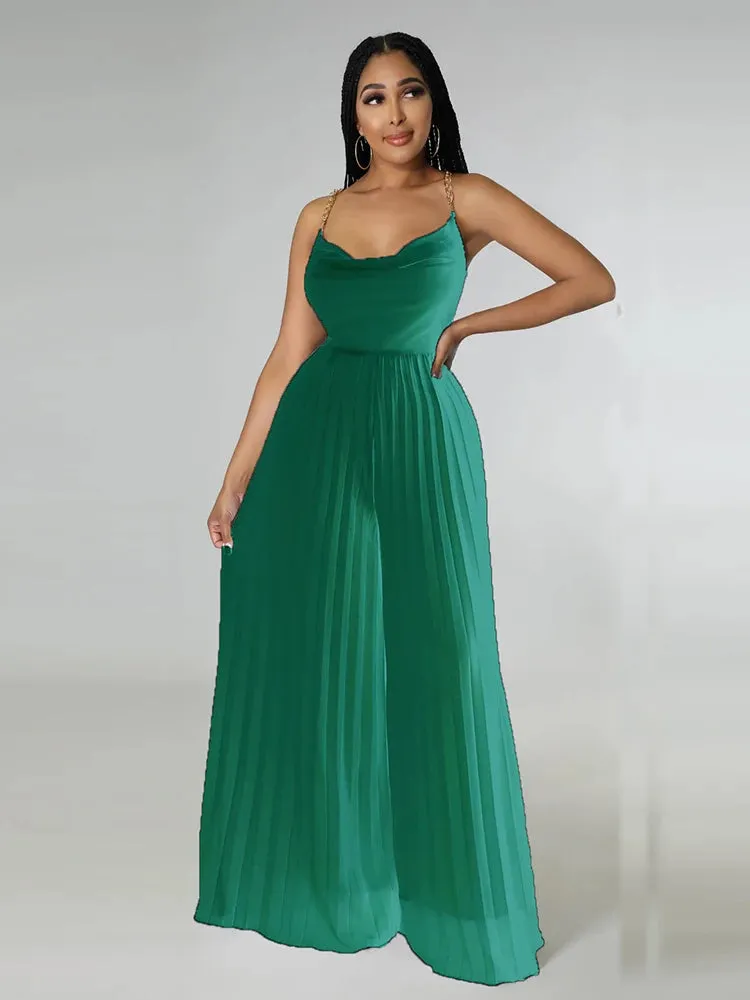 Summer Solid Pleated Wide Leg Jumpsuit