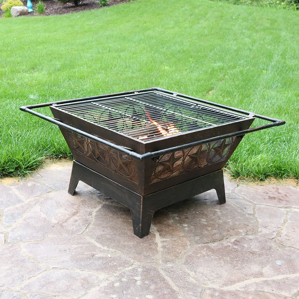 Sunnydaze 32" Northern Galaxy Square Outdoor Fire Pit with Cooking Grate & Spark Screen