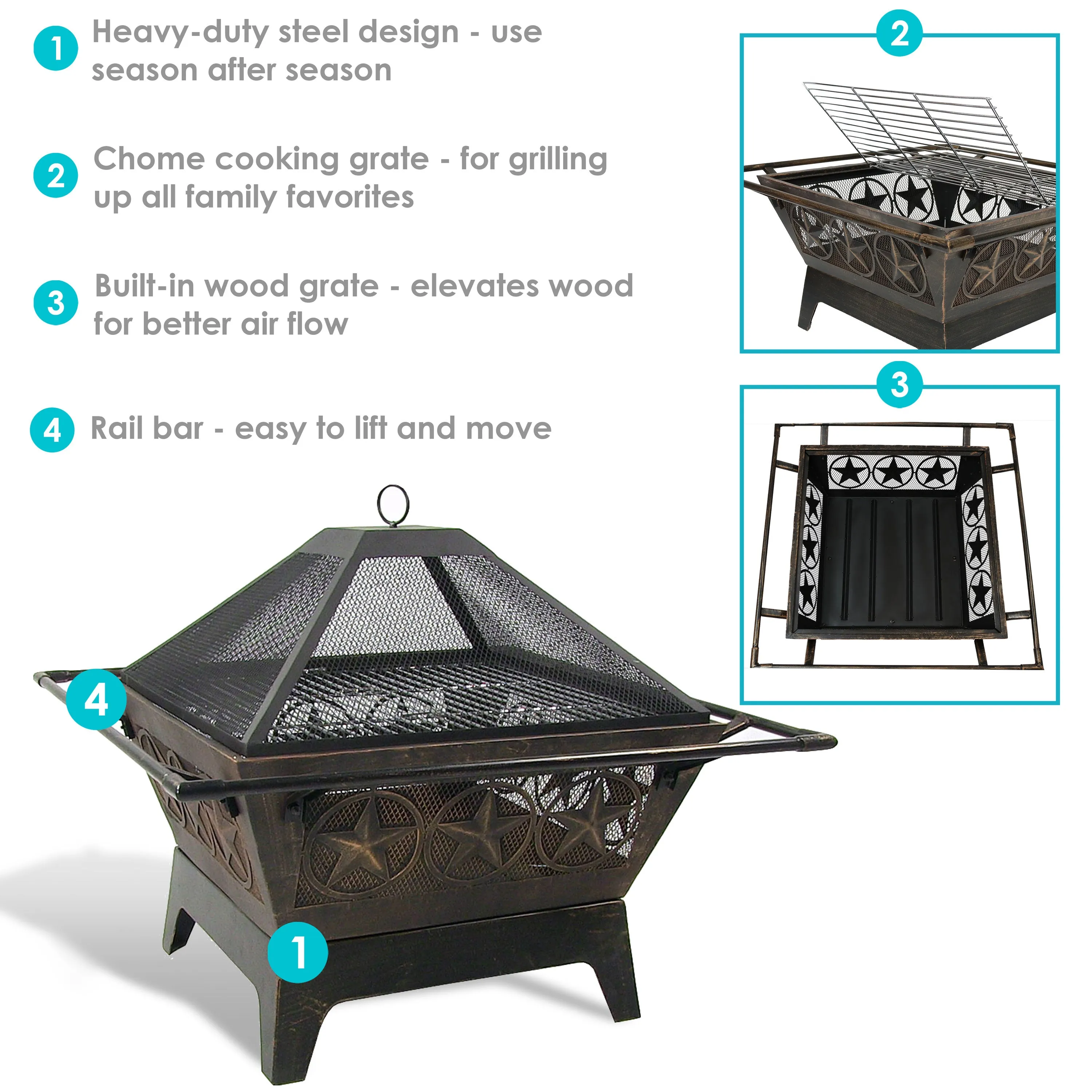 Sunnydaze 32" Northern Galaxy Square Outdoor Fire Pit with Cooking Grate & Spark Screen