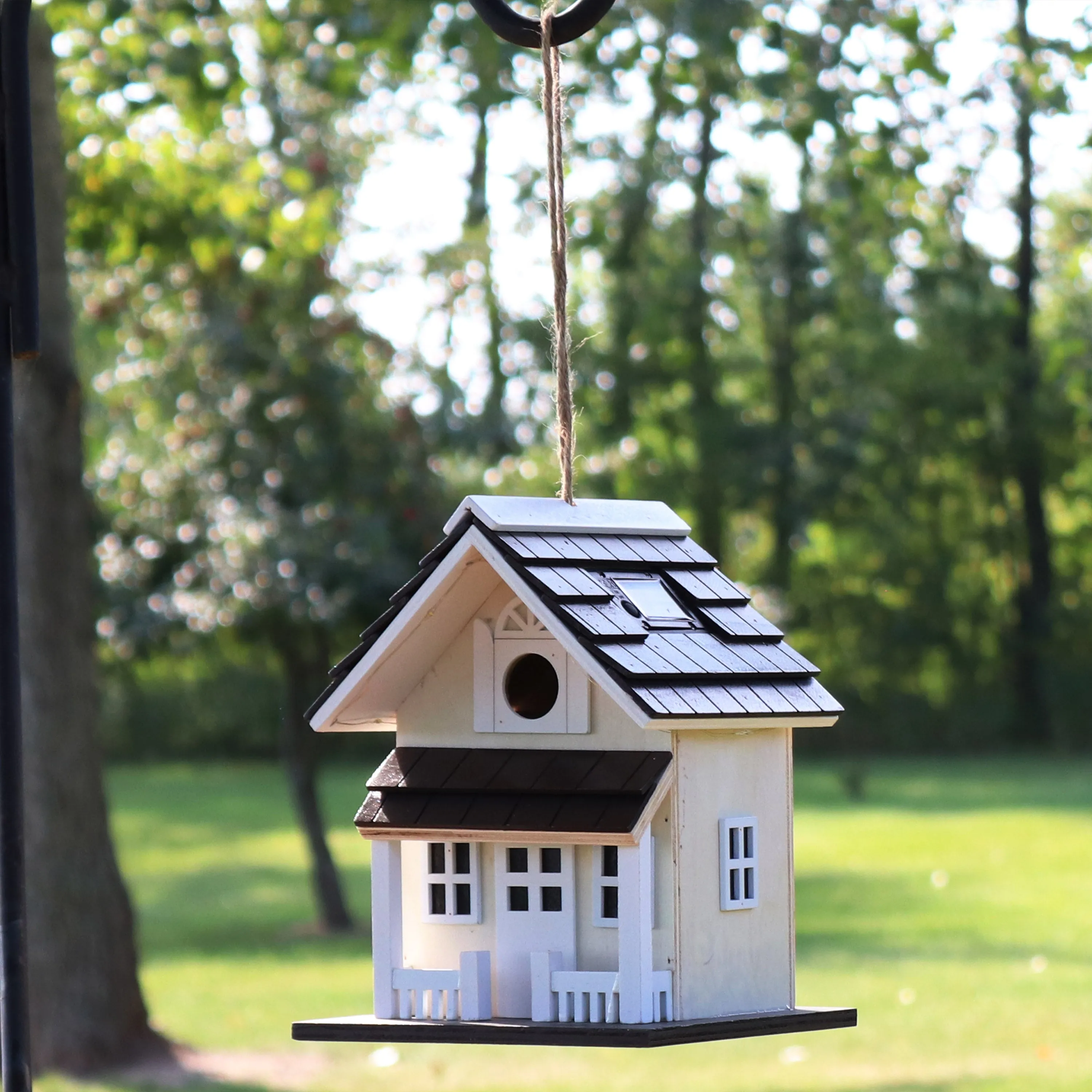 Sunnydaze Cozy Home LED Solar Wooden Outdoor Hanging Bird House - 9.25"