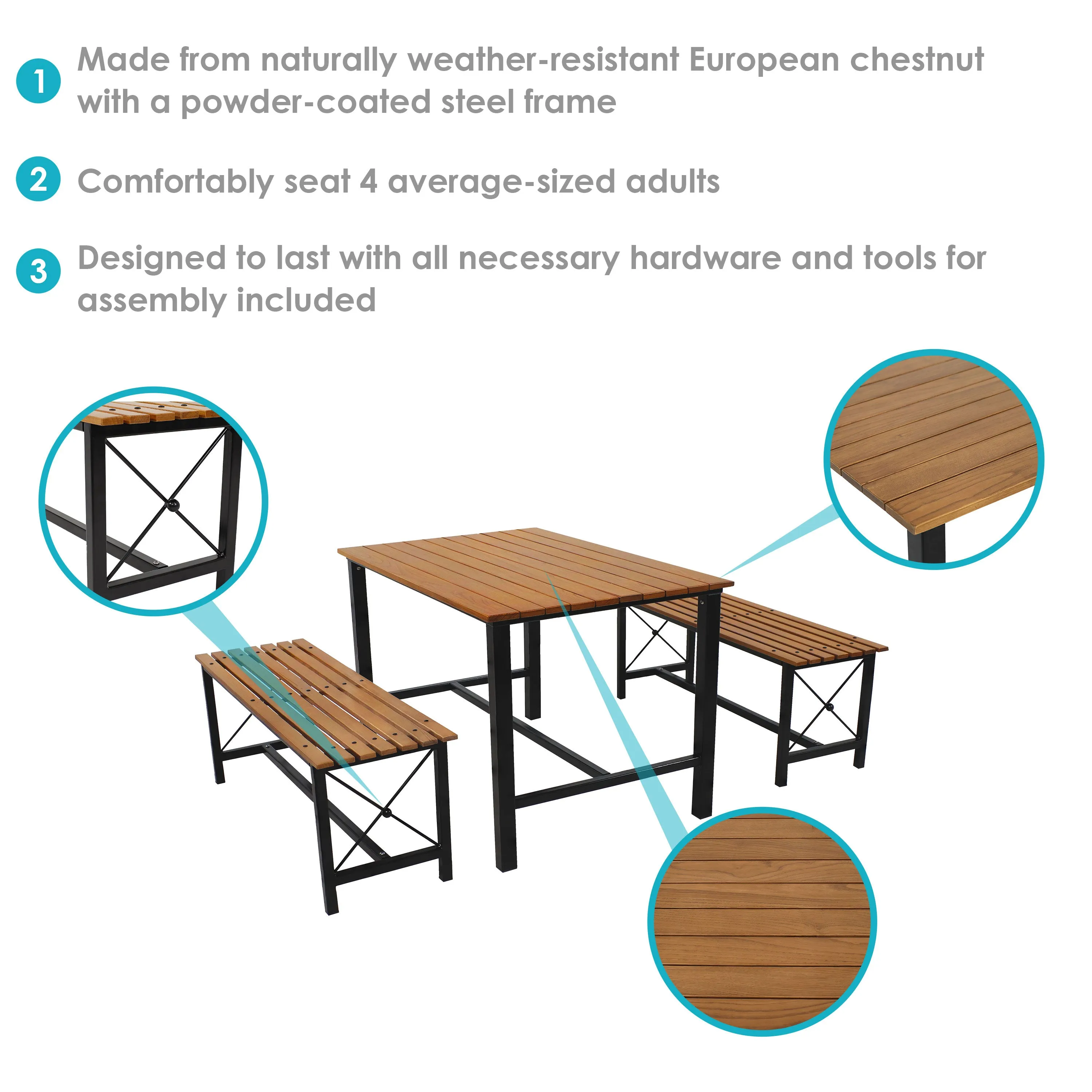 Sunnydaze European Chestnut 3-Piece Patio Dining Set