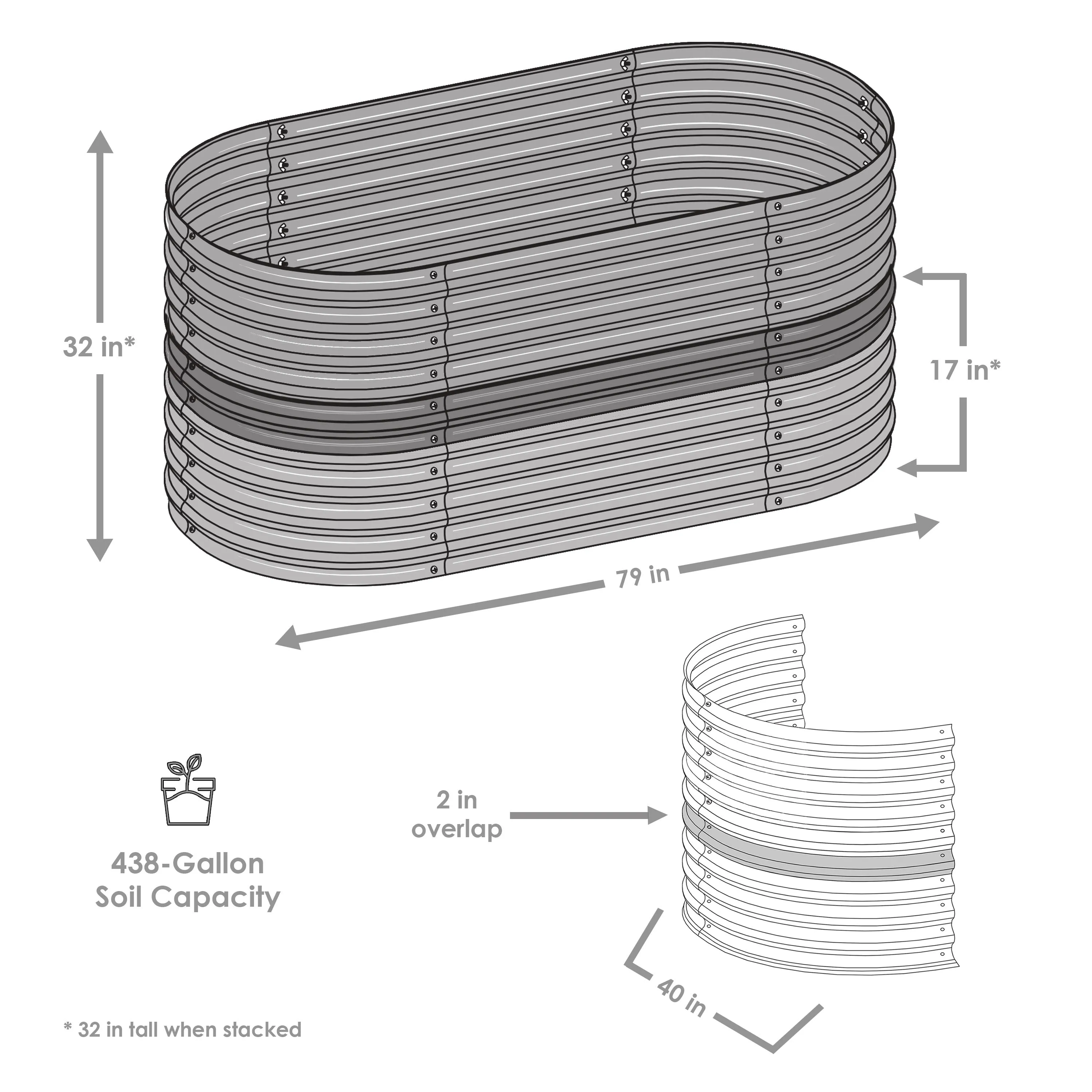 Sunnydaze Stackable Galvalume Steel Raised Garden Bed - 79" Oval