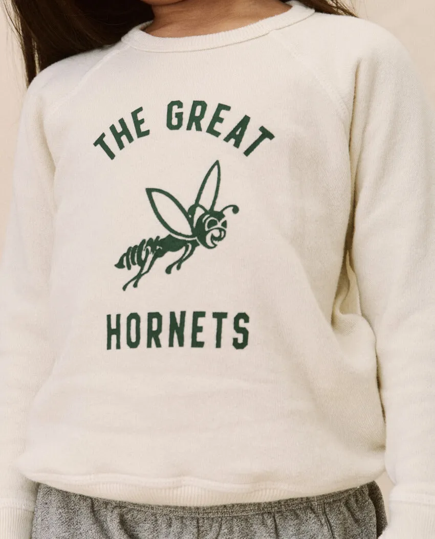 The Little College Sweatshirt. Graphic -- Washed White with Hornet Graphic