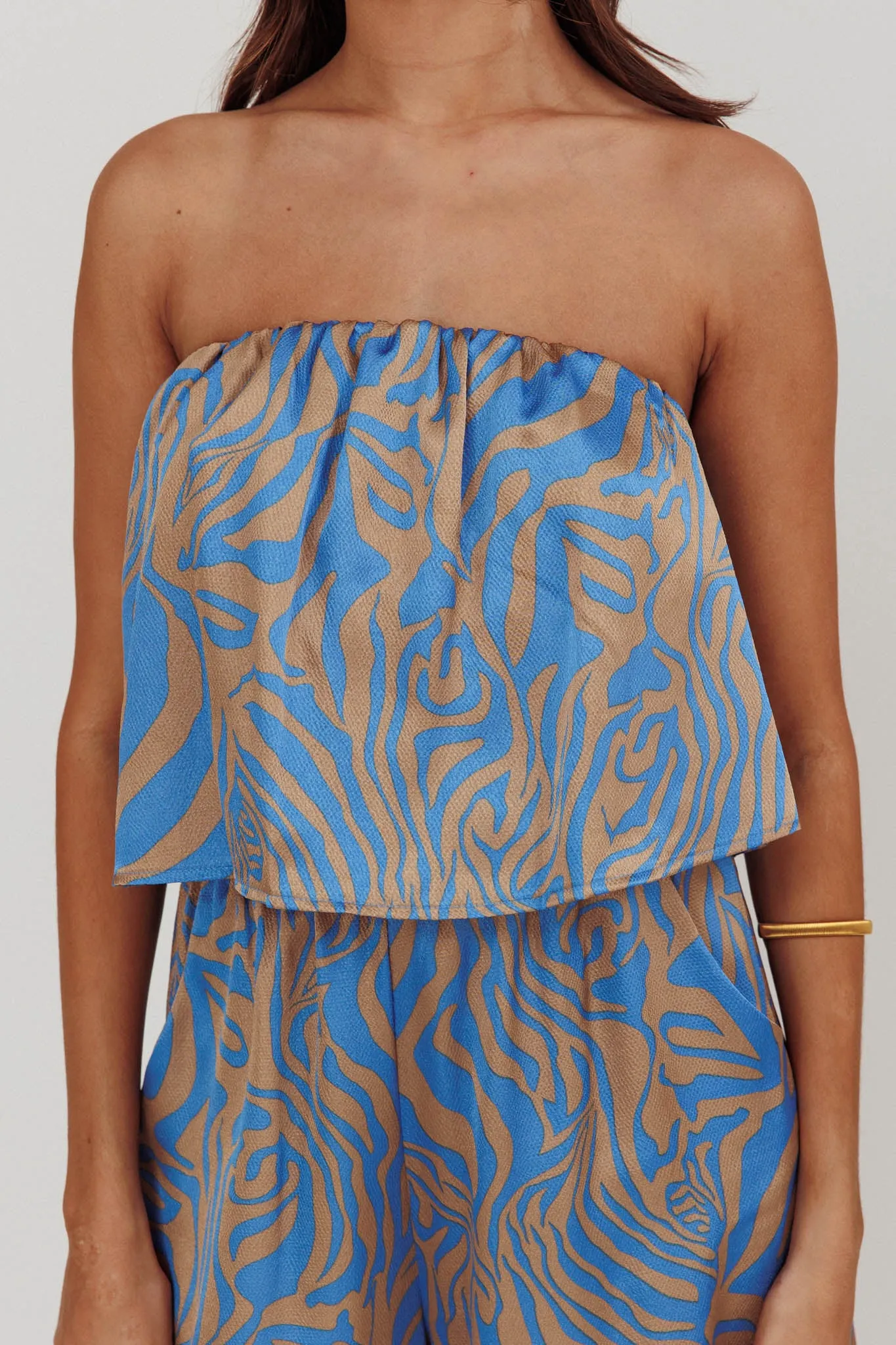 Tongue Tied Printed Strapless Jumpsuit Blue