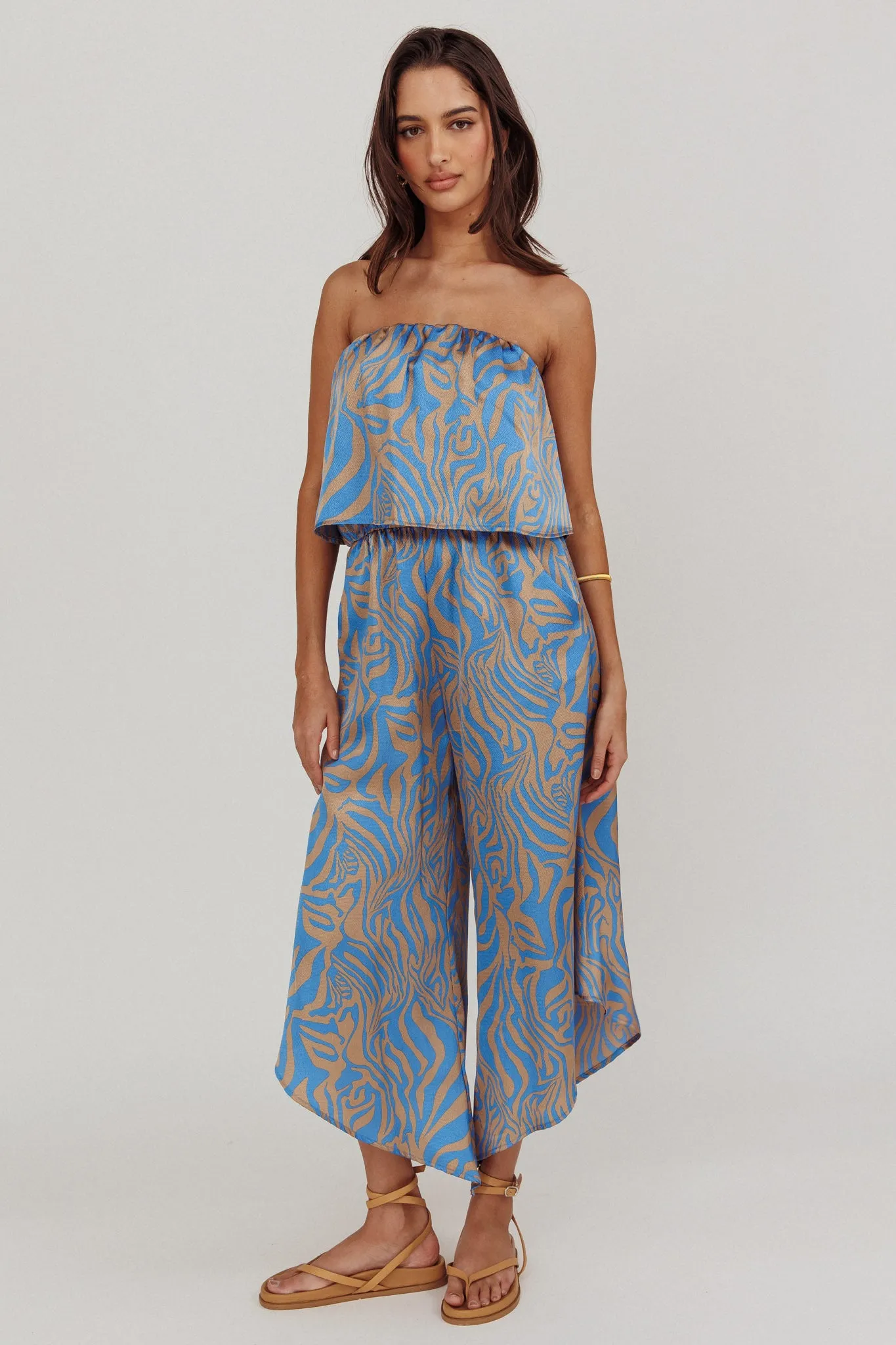 Tongue Tied Printed Strapless Jumpsuit Blue