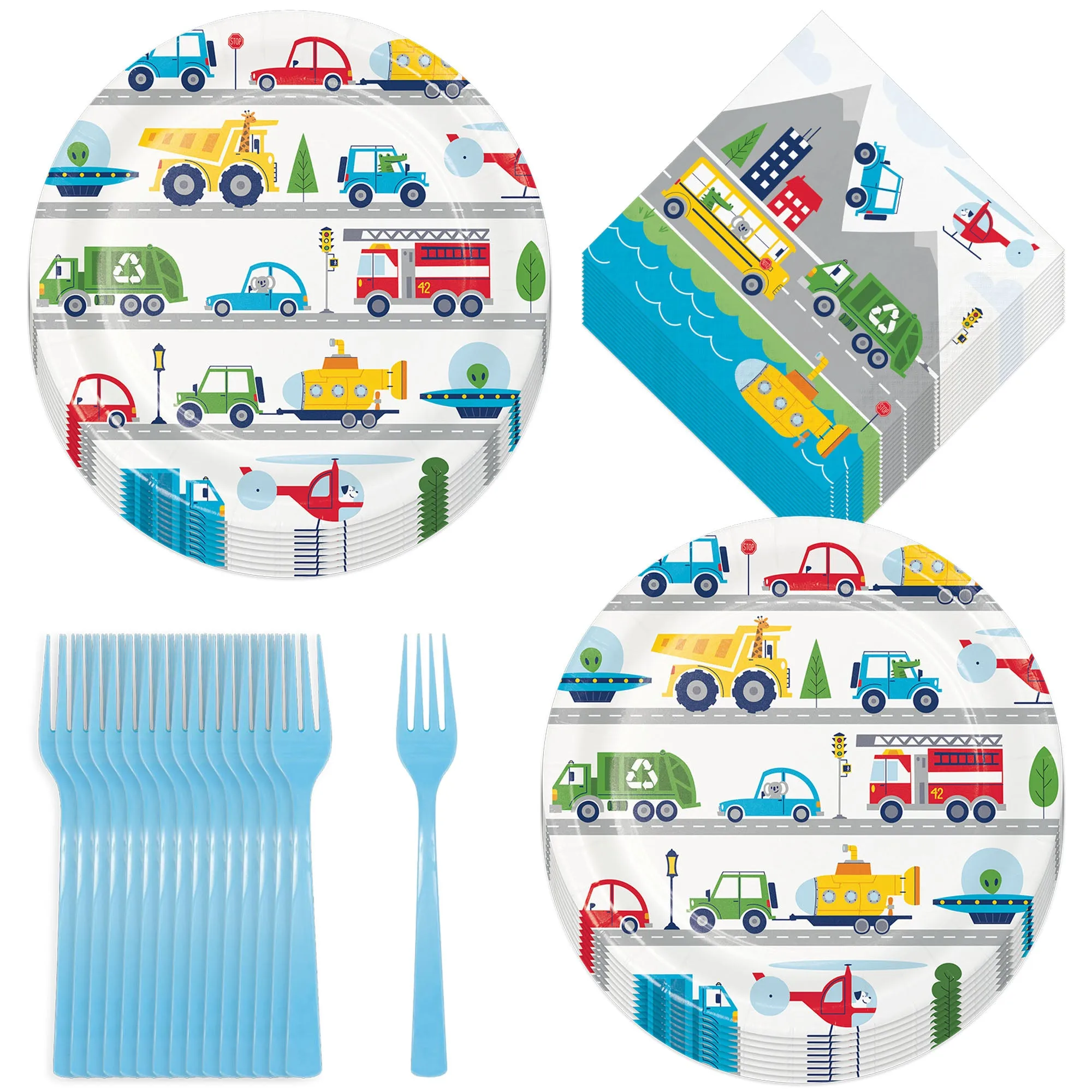 Transportation Time Busy Town Paper Dinner Plates, Lunch Napkins, and Forks (Serves 16)