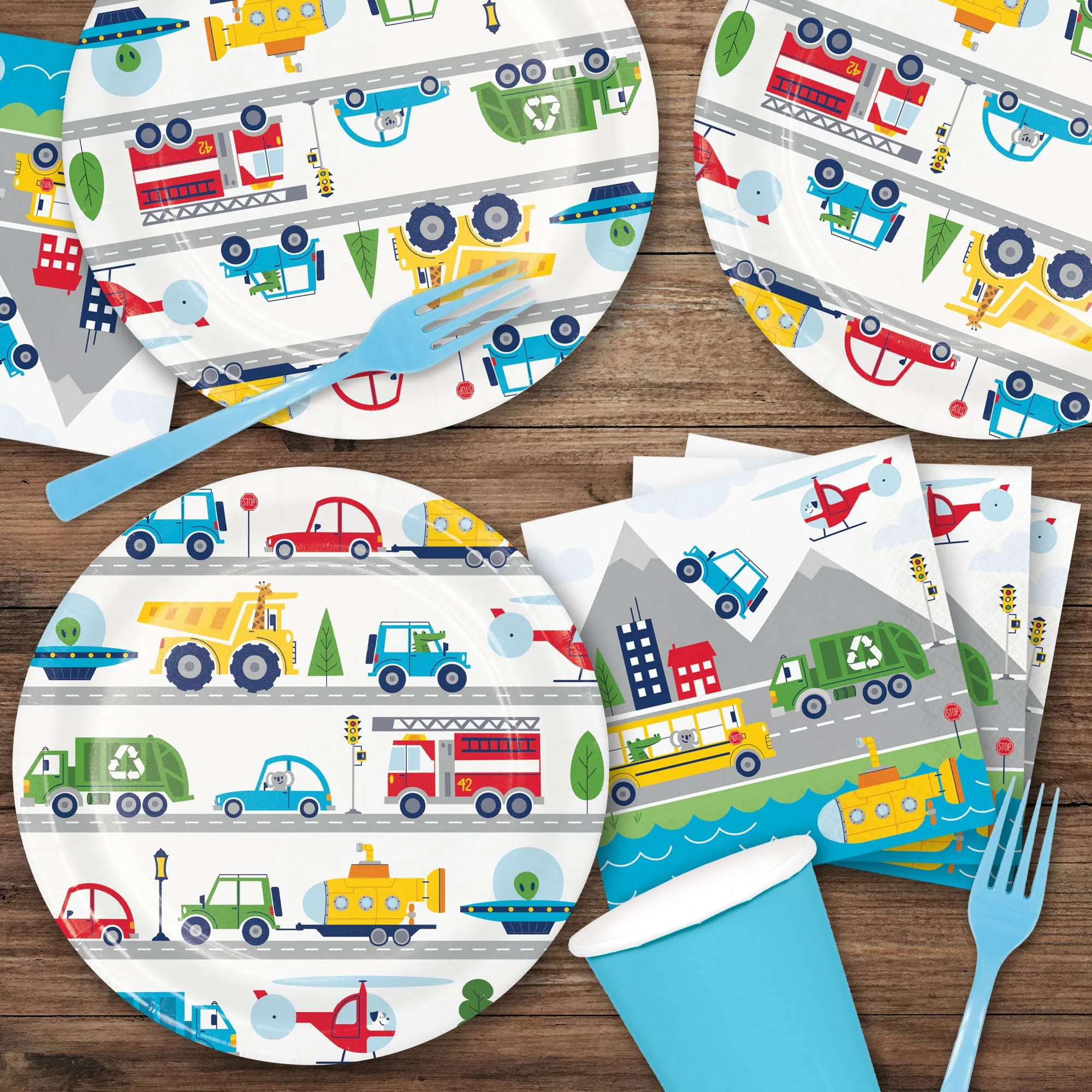 Transportation Time Busy Town Paper Dinner Plates, Lunch Napkins, and Forks (Serves 16)