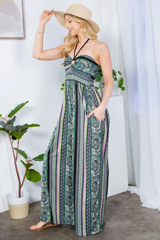 Tribal Black Cut Out Wide Leg Halter Jumpsuit with Pockets