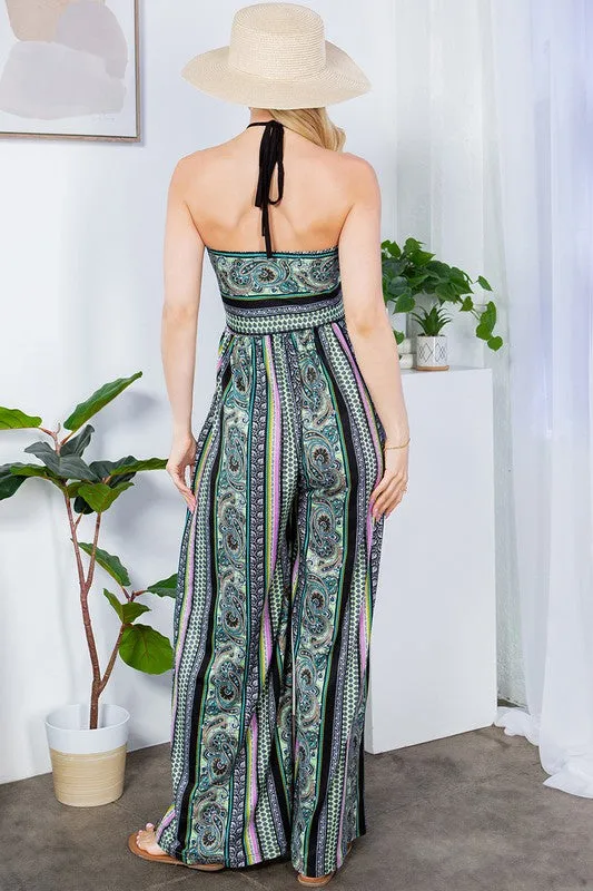 Tribal Black Cut Out Wide Leg Halter Jumpsuit with Pockets