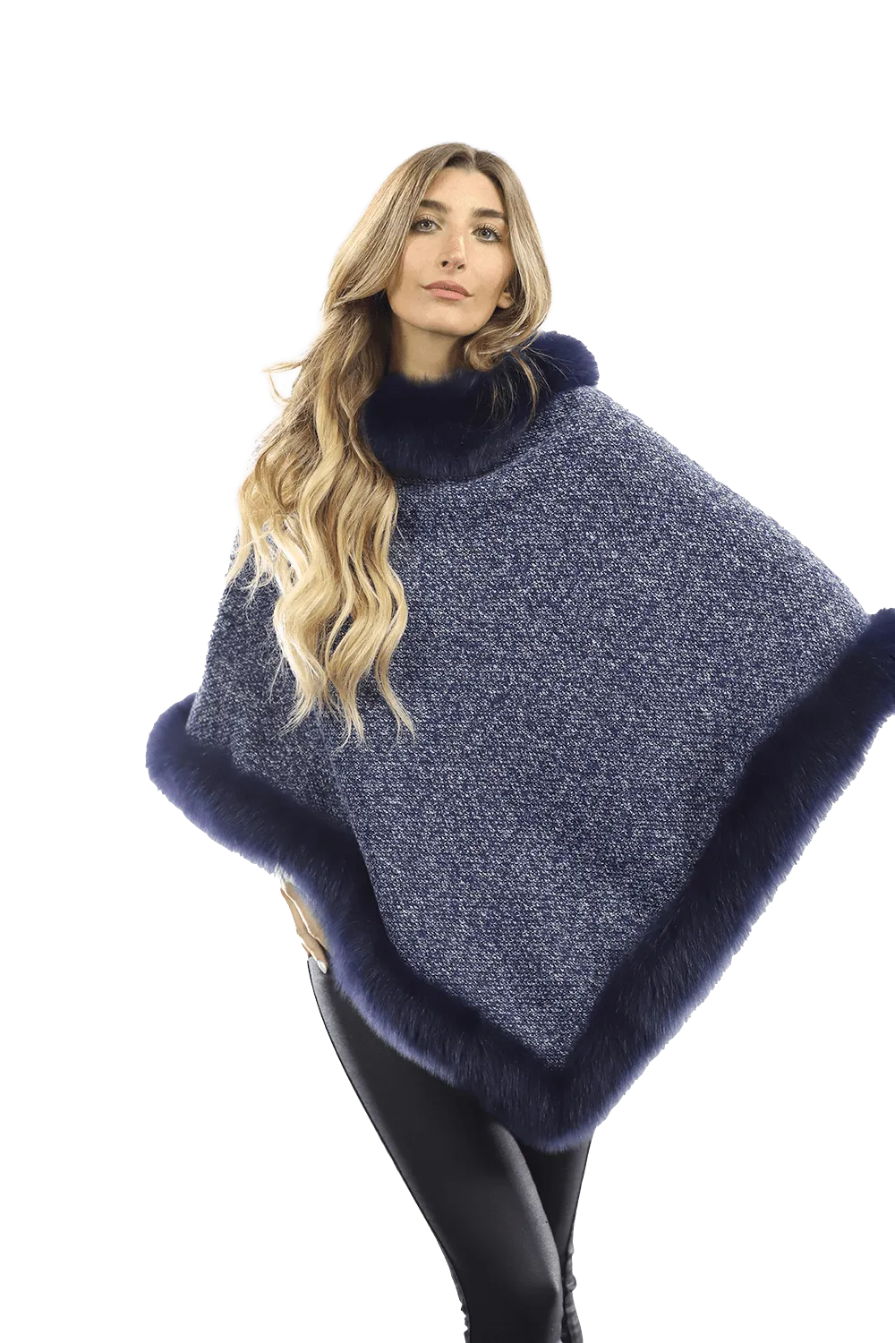 Tweed Poncho with Fur Trim - Navy