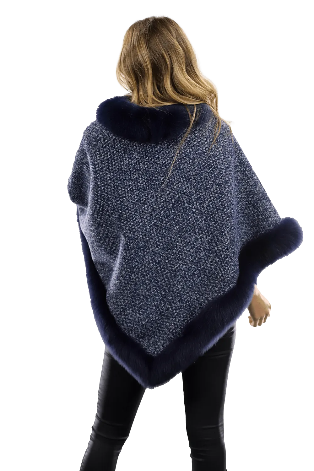 Tweed Poncho with Fur Trim - Navy