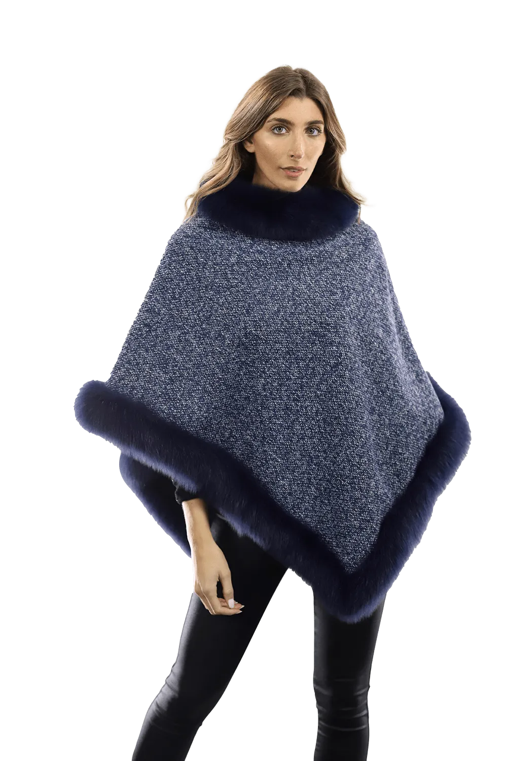 Tweed Poncho with Fur Trim - Navy