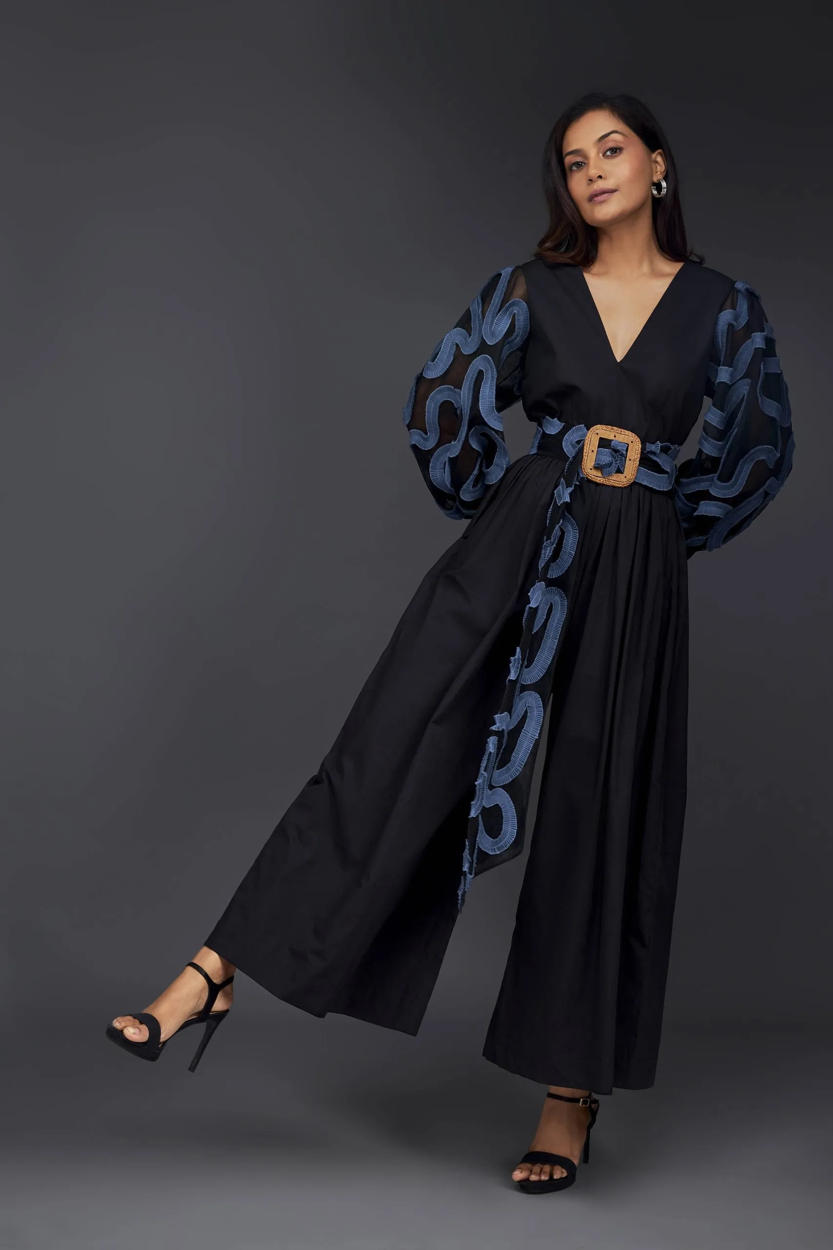 V NECK CULOTTE STYLE JUMPSUIT WITH PUFFED SLEEVES AND BLUE PLEATED FRILL DETAILING