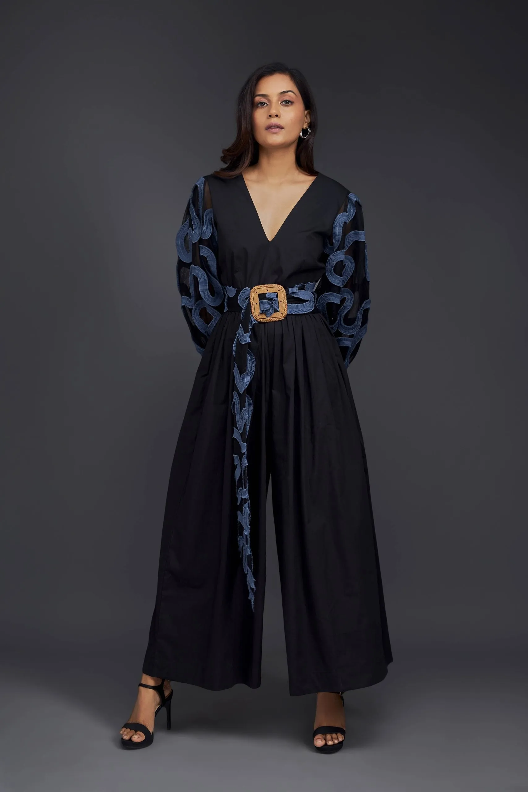 V NECK CULOTTE STYLE JUMPSUIT WITH PUFFED SLEEVES AND BLUE PLEATED FRILL DETAILING