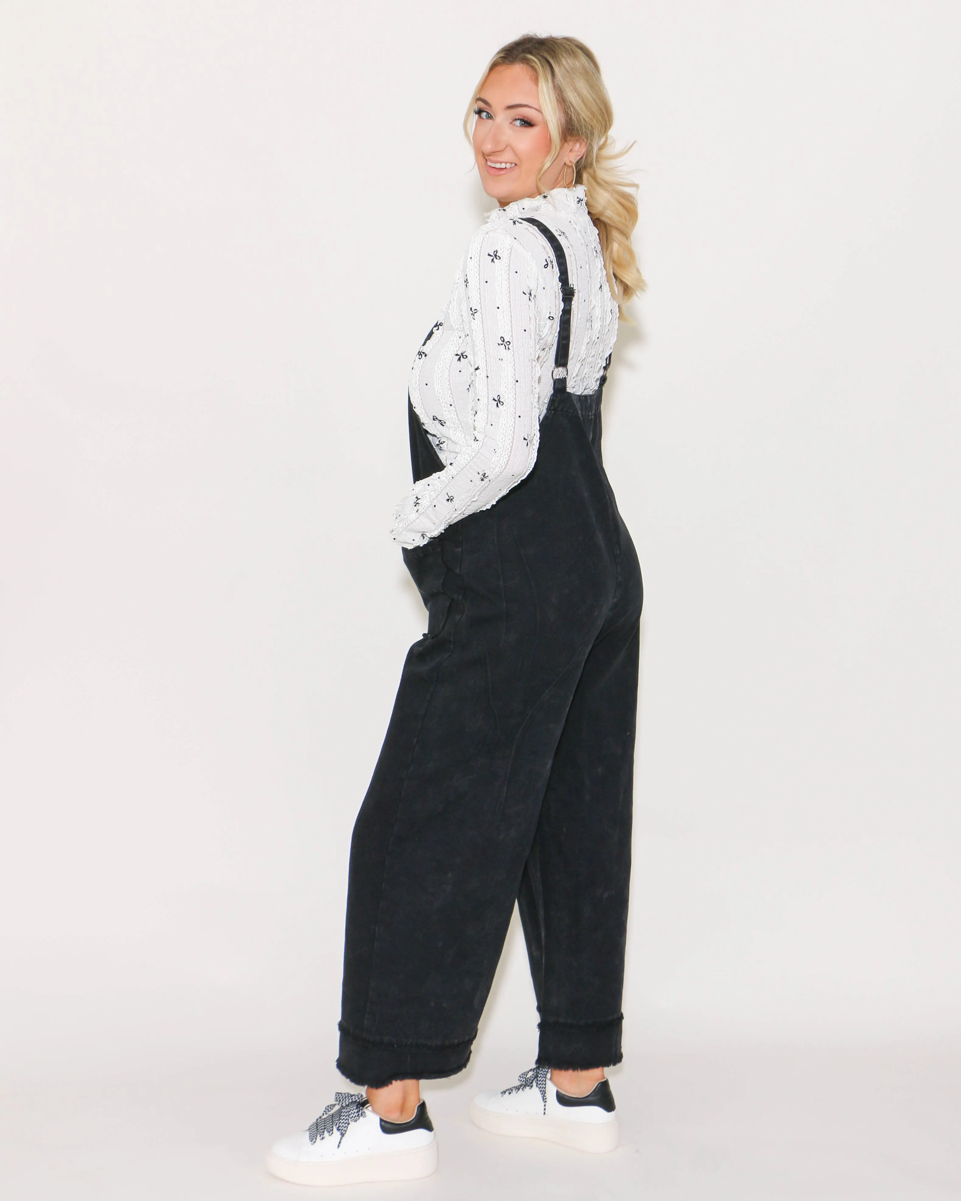 Washed Cotton Twill Overall Jumpsuit in Black