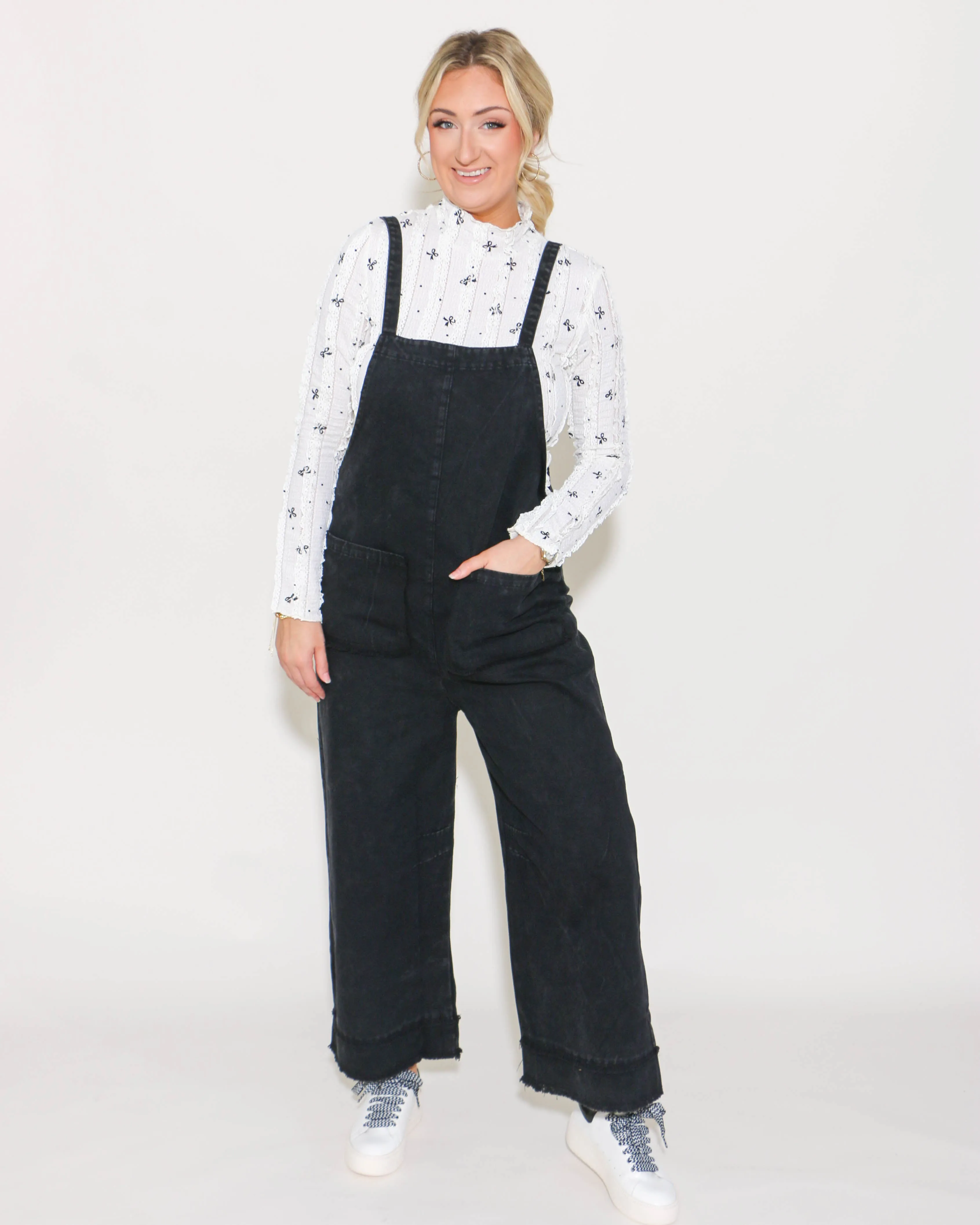 Washed Cotton Twill Overall Jumpsuit in Black