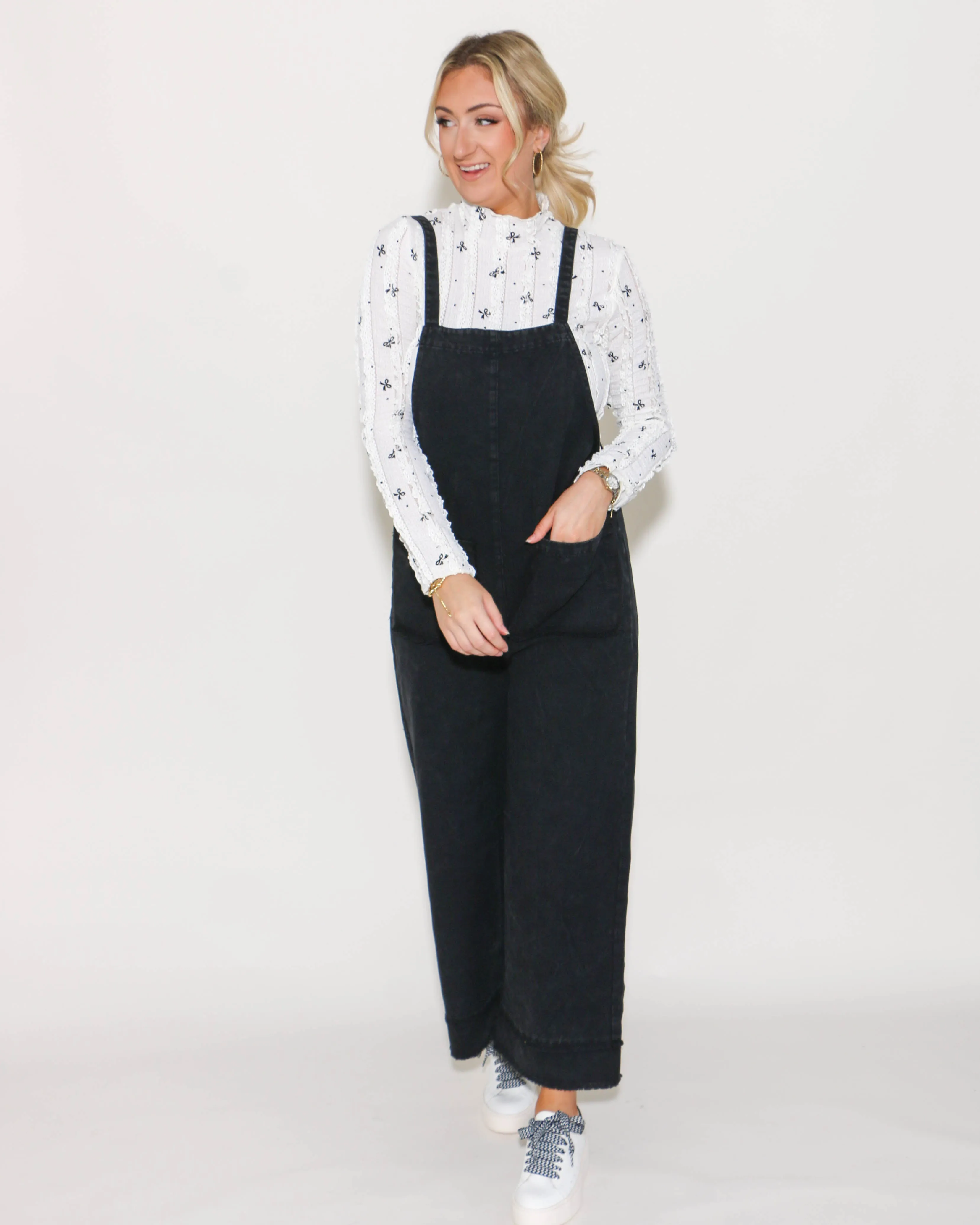 Washed Cotton Twill Overall Jumpsuit in Black